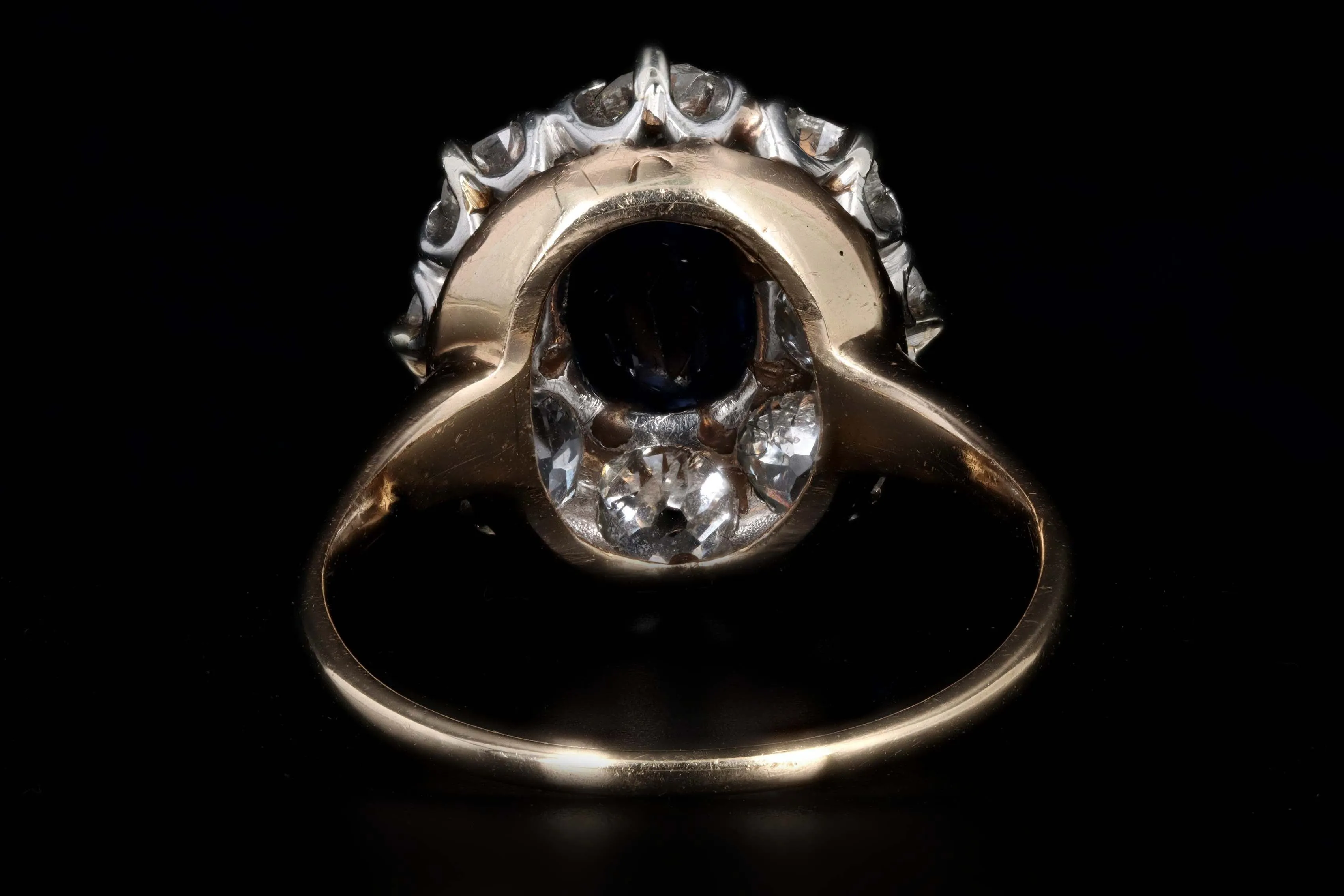 Victorian 14K Yellow Gold 1.05 Carat Natural Sapphire & Old European Cut Diamond Cluster Halo Ring