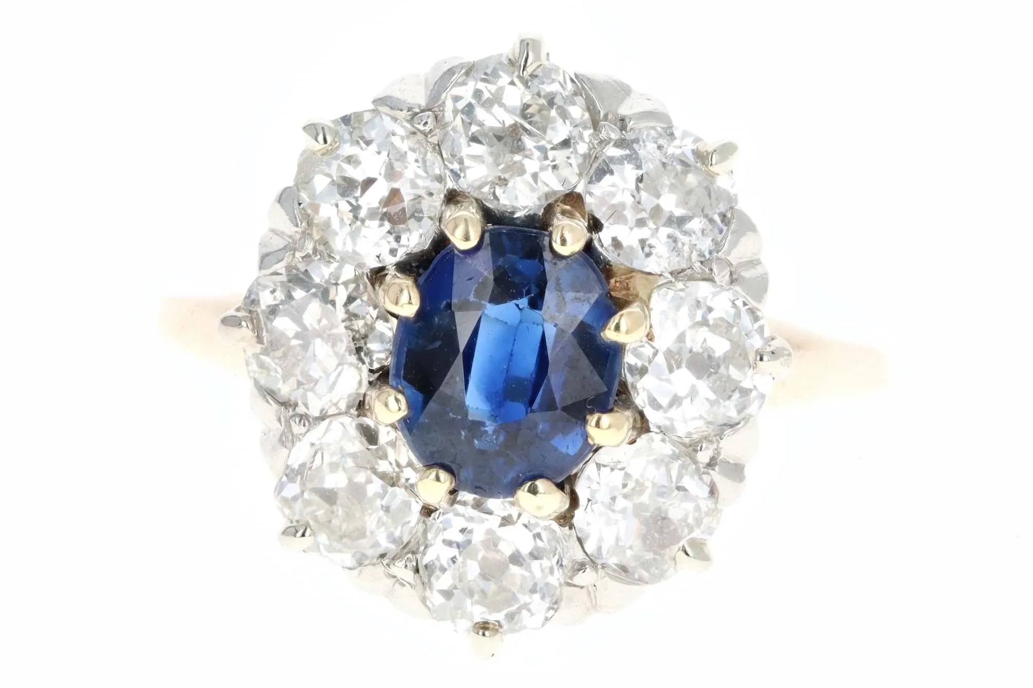 Victorian 14K Yellow Gold 1.05 Carat Natural Sapphire & Old European Cut Diamond Cluster Halo Ring