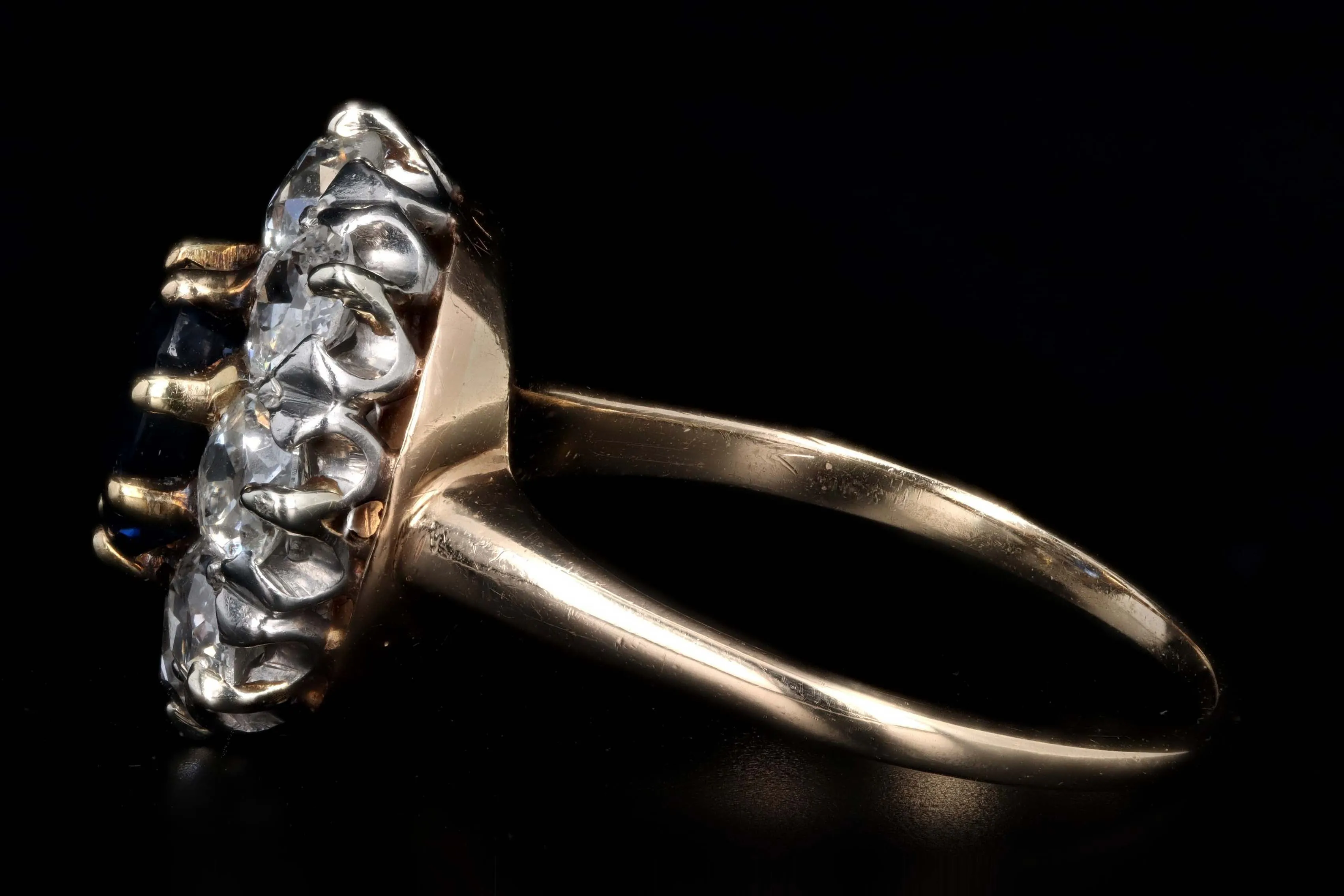 Victorian 14K Yellow Gold 1.05 Carat Natural Sapphire & Old European Cut Diamond Cluster Halo Ring