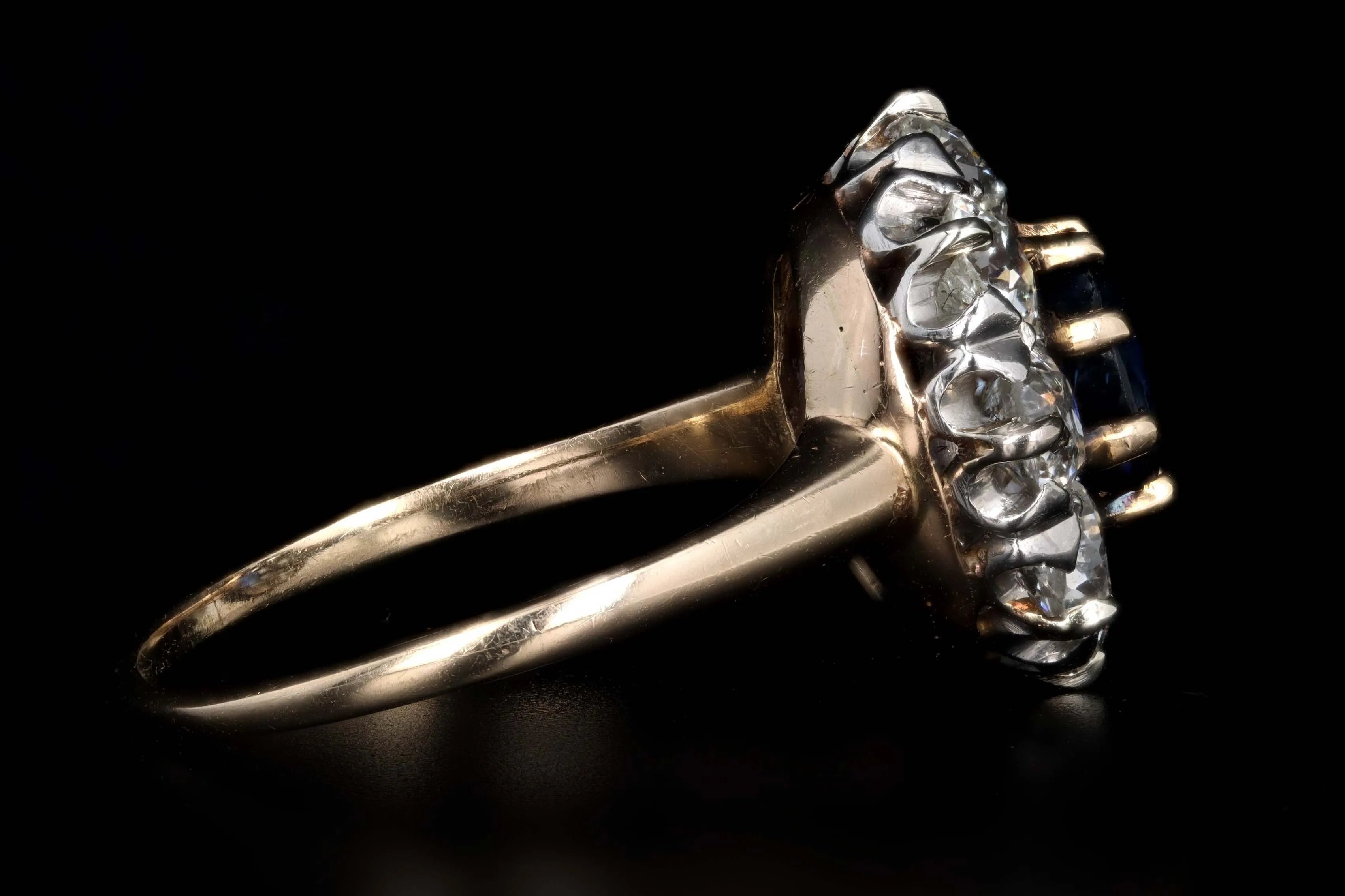 Victorian 14K Yellow Gold 1.05 Carat Natural Sapphire & Old European Cut Diamond Cluster Halo Ring