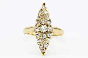 Victorian 18K Gold Old European Cut Diamond Navette Ring c.1890