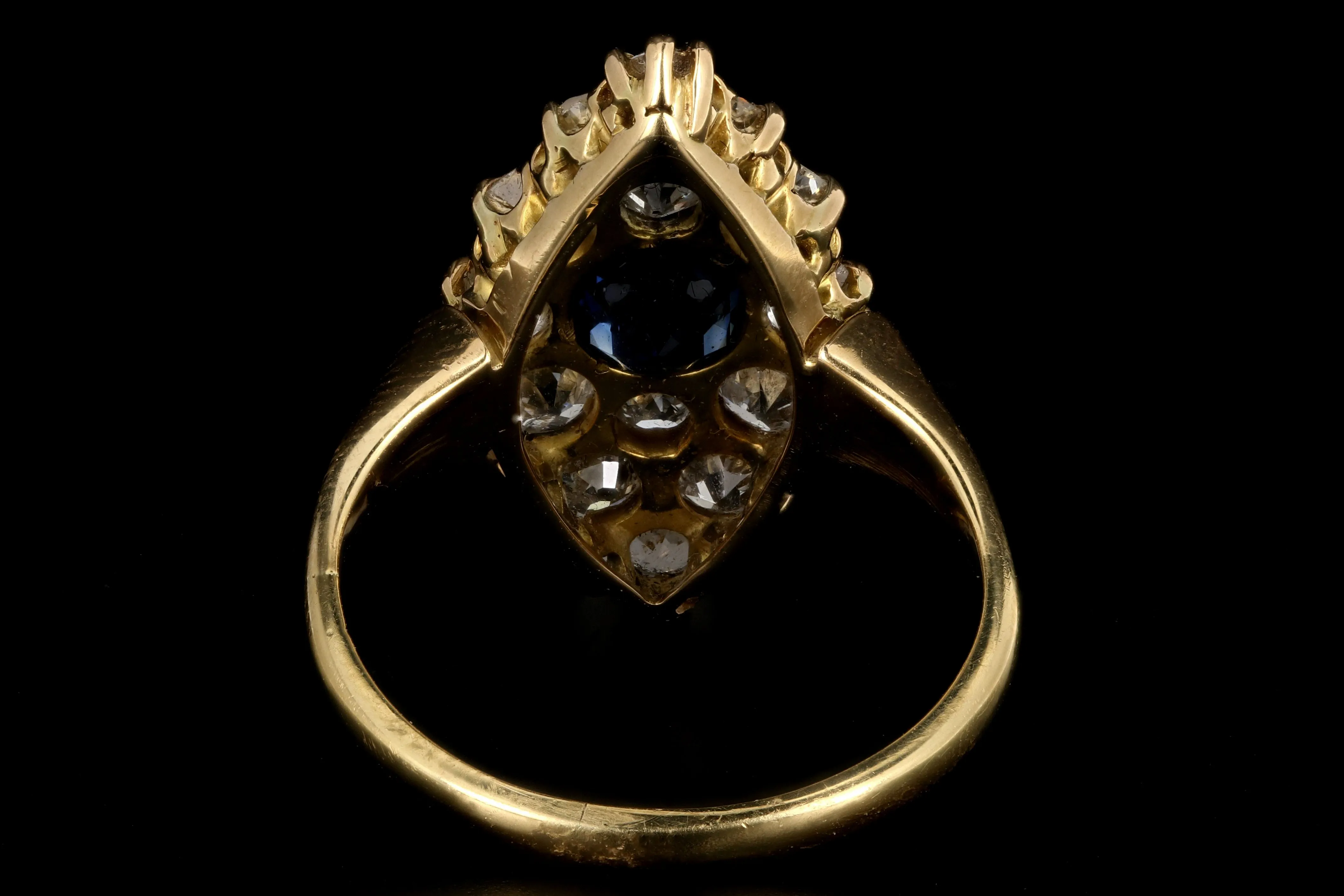 Victorian 18K Yellow Gold 1 Carat Natural No Heat Sapphire and Diamond Navette Ring