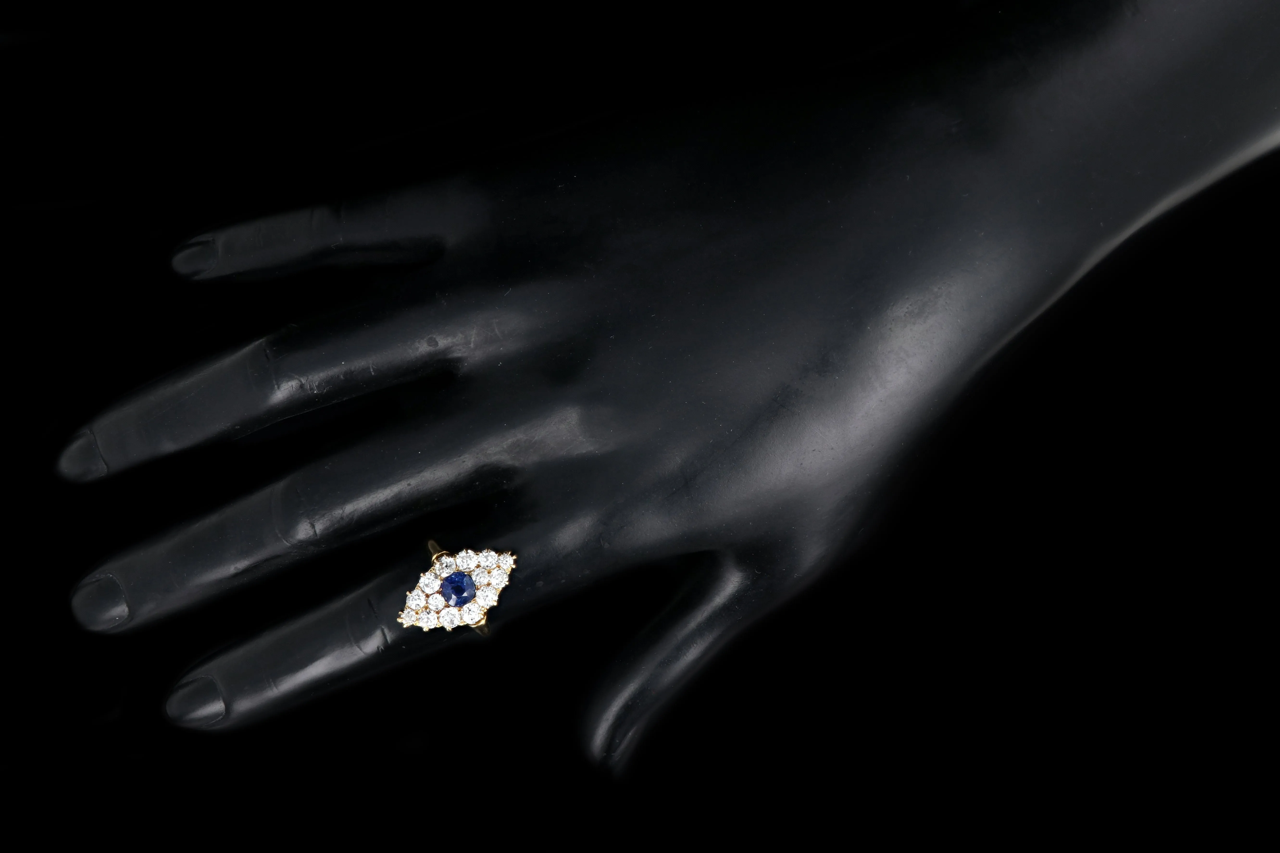 Victorian 18K Yellow Gold 1 Carat Natural No Heat Sapphire and Diamond Navette Ring