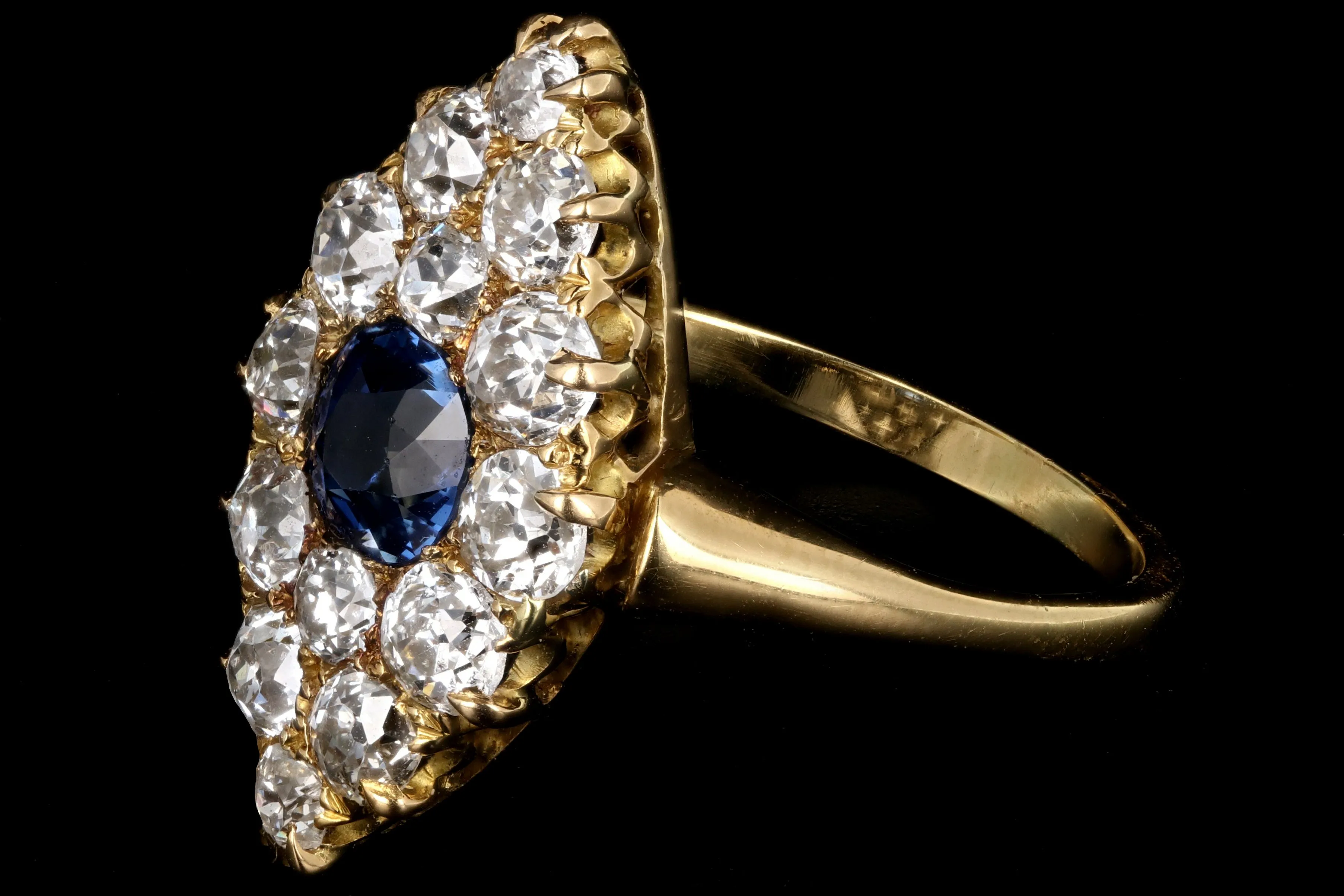 Victorian 18K Yellow Gold 1 Carat Natural No Heat Sapphire and Diamond Navette Ring