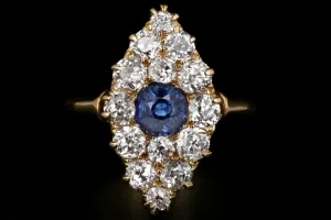 Victorian 18K Yellow Gold 1 Carat Natural No Heat Sapphire and Diamond Navette Ring