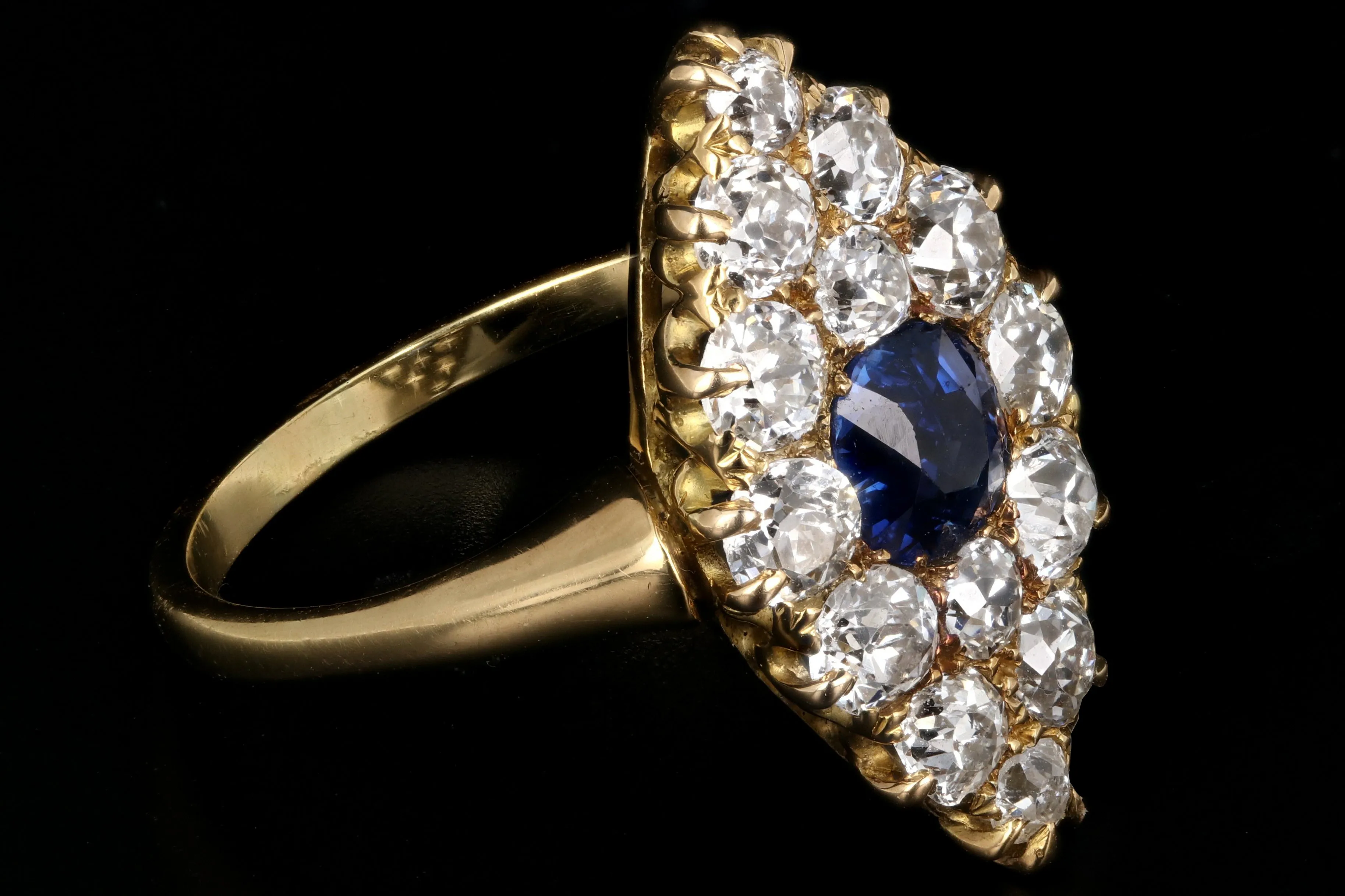 Victorian 18K Yellow Gold 1 Carat Natural No Heat Sapphire and Diamond Navette Ring