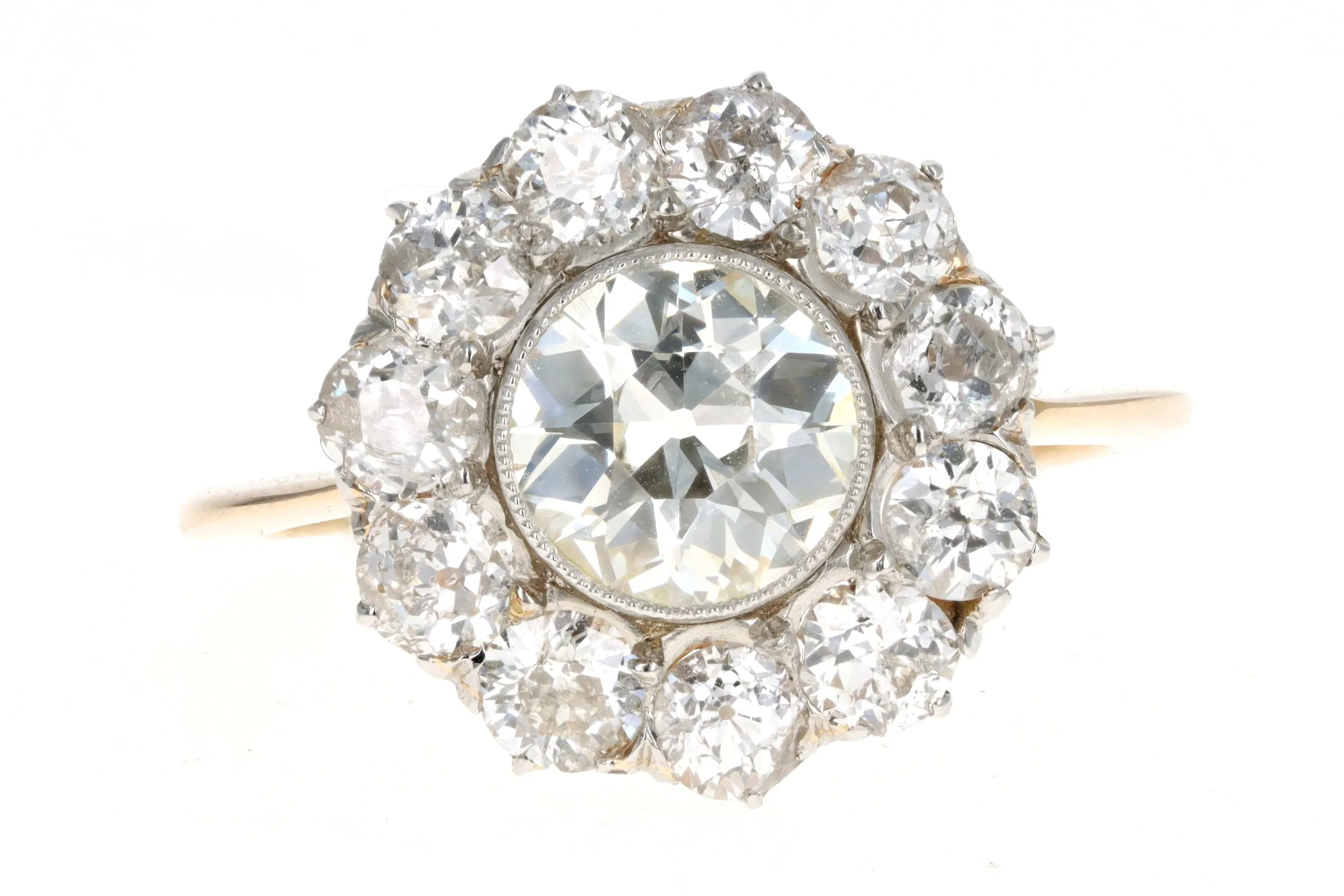 Victorian 18K Yellow Gold 1.42 Carat Old European Diamond Cluster Engagement Ring