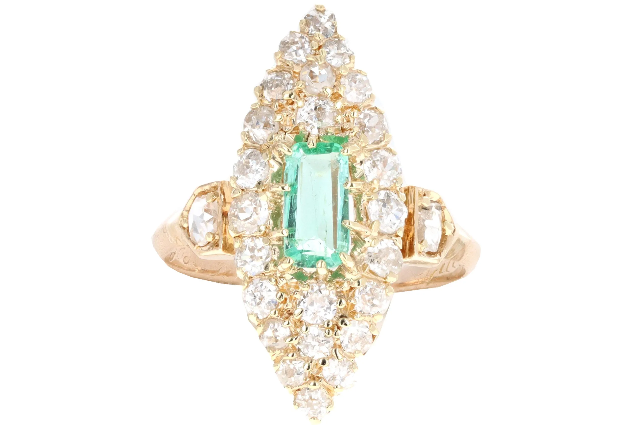Victorian 18K Yellow Gold .35 Carat Natural Emerald & Diamond Navette Ring