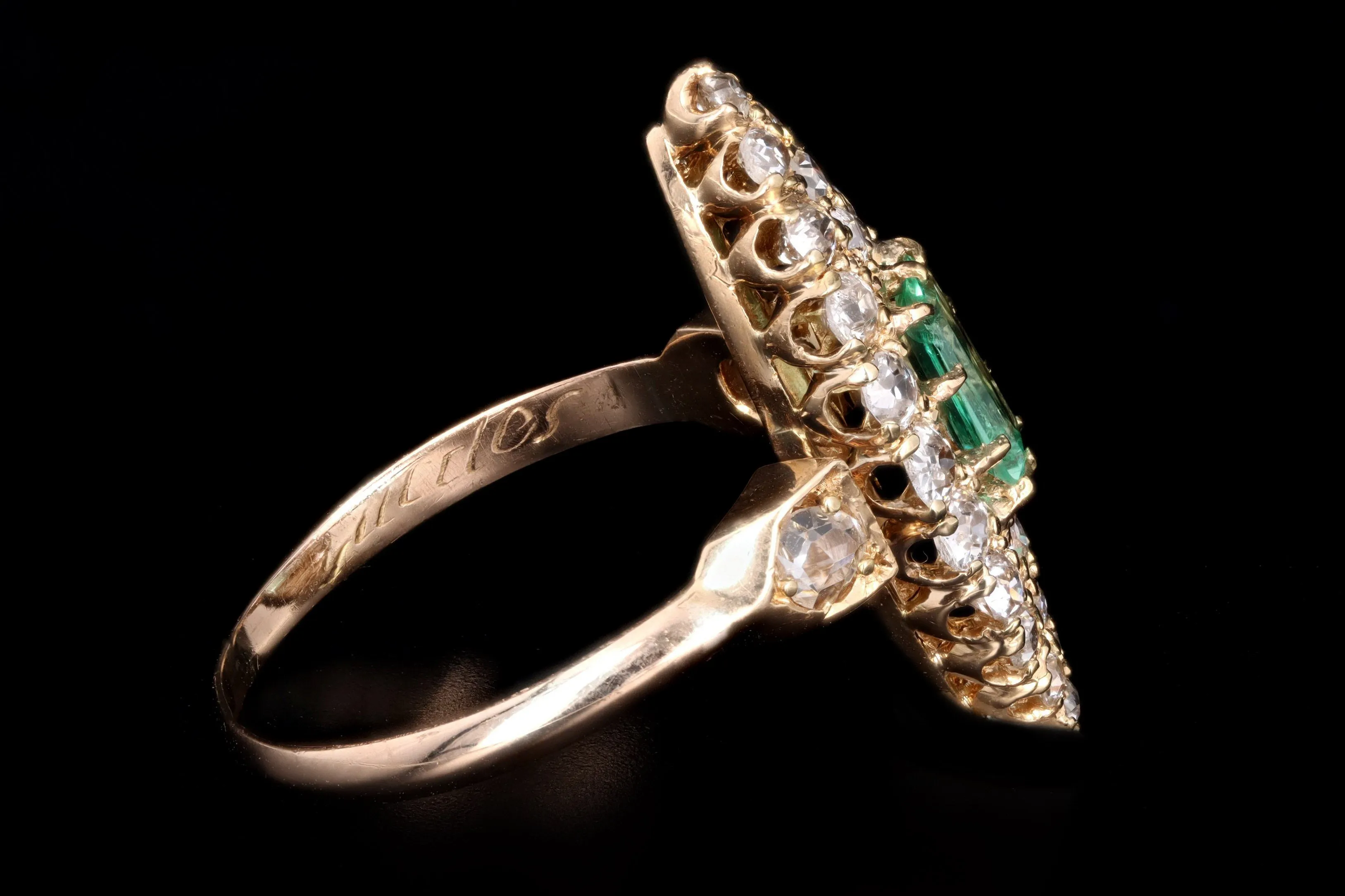 Victorian 18K Yellow Gold .35 Carat Natural Emerald & Diamond Navette Ring