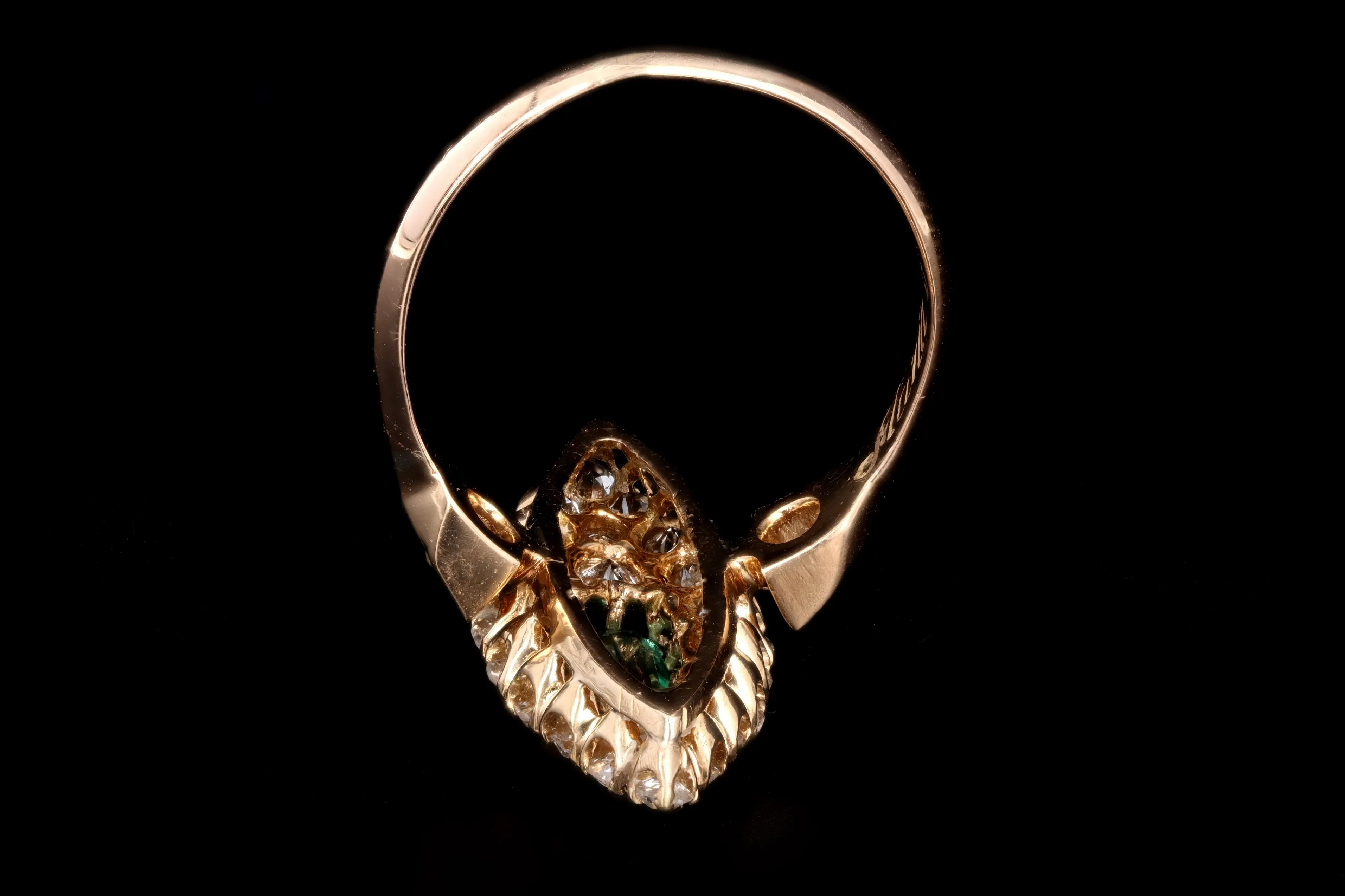 Victorian 18K Yellow Gold .35 Carat Natural Emerald & Diamond Navette Ring