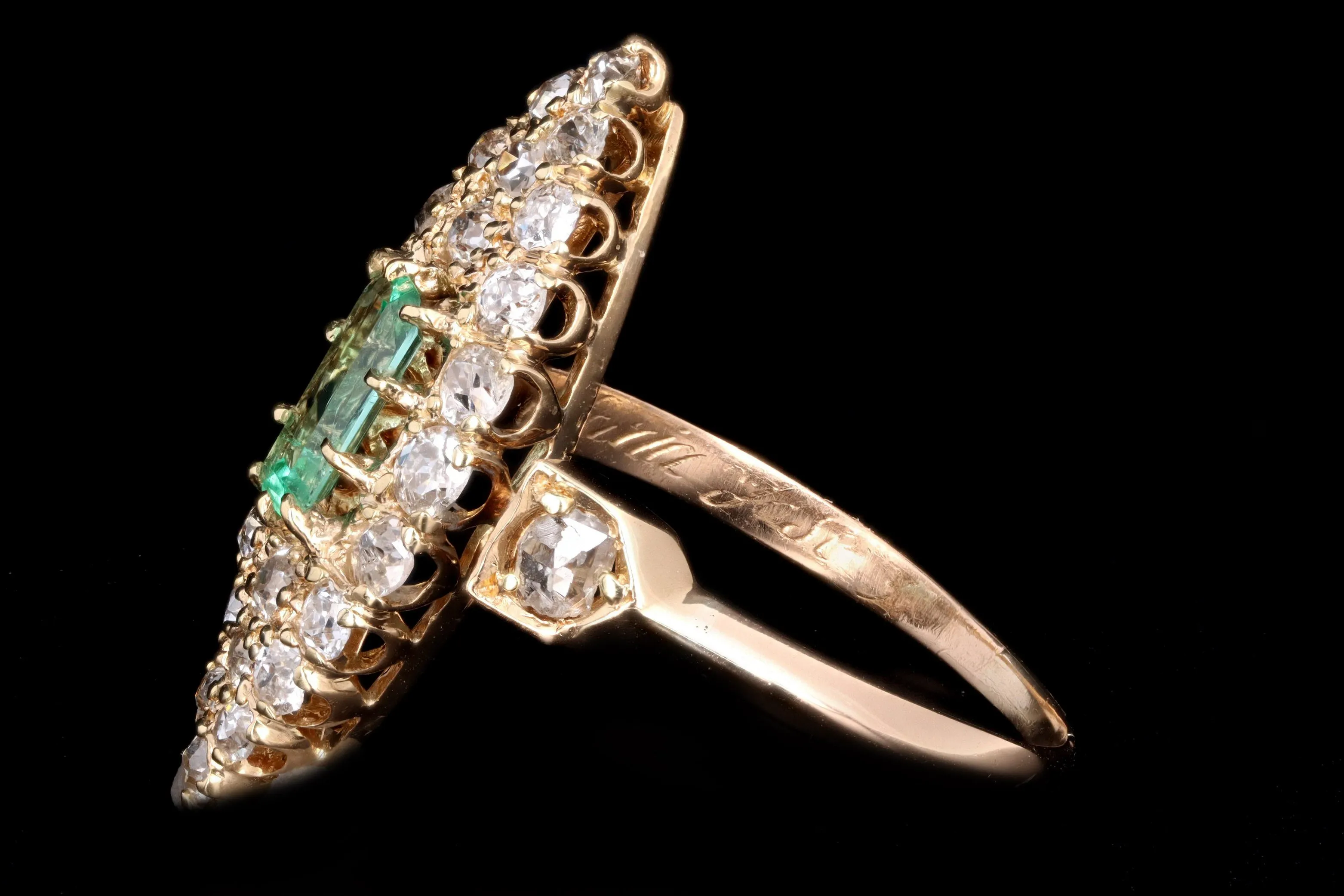 Victorian 18K Yellow Gold .35 Carat Natural Emerald & Diamond Navette Ring