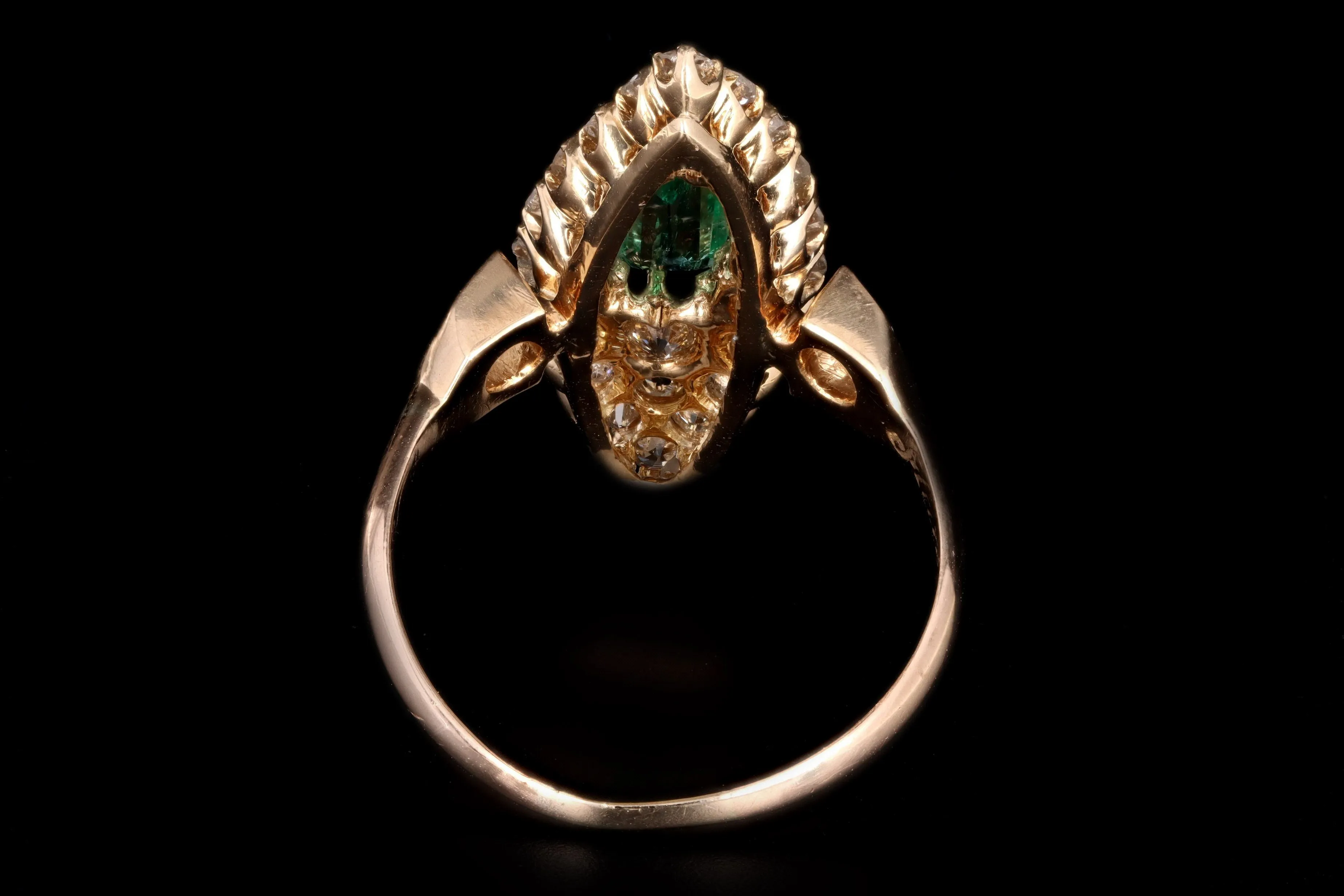 Victorian 18K Yellow Gold .35 Carat Natural Emerald & Diamond Navette Ring