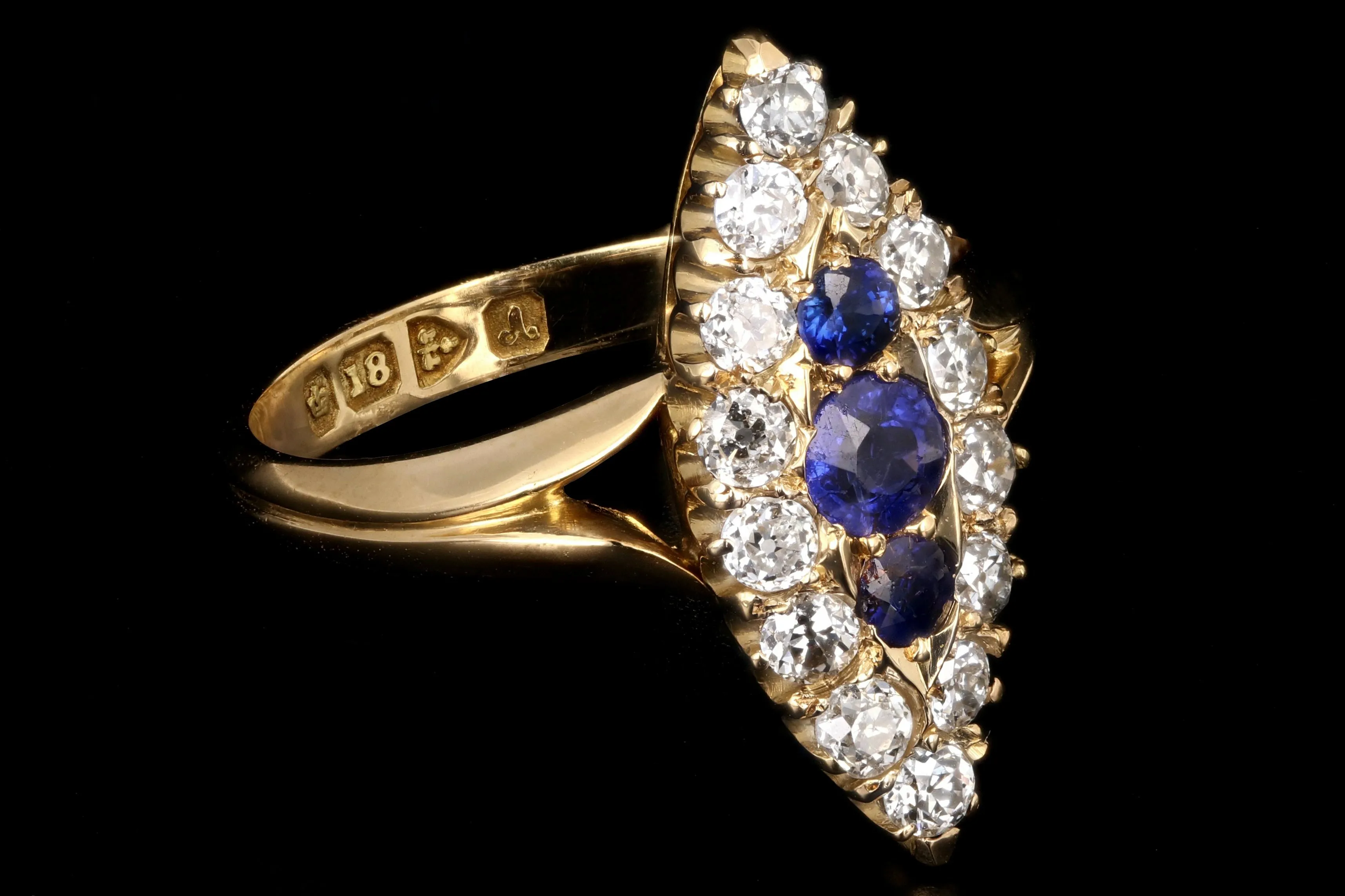 Victorian 18K Yellow Gold Diamond and Sapphire Navette Ring