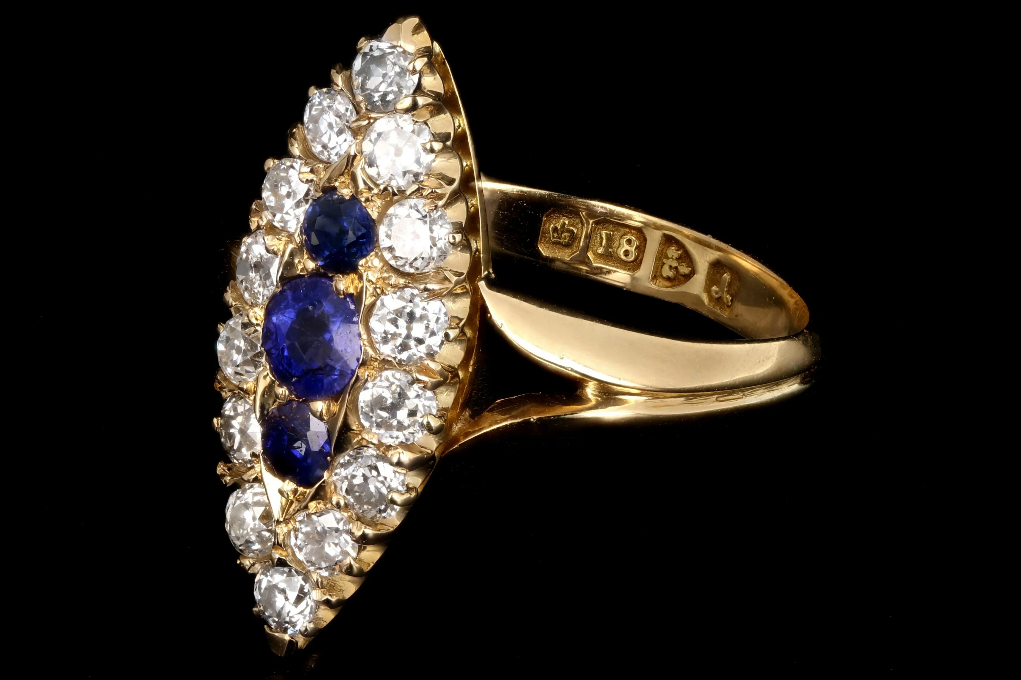 Victorian 18K Yellow Gold Diamond and Sapphire Navette Ring