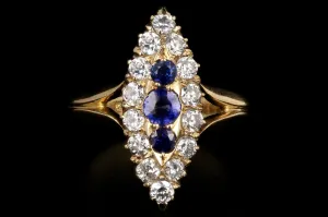 Victorian 18K Yellow Gold Diamond and Sapphire Navette Ring