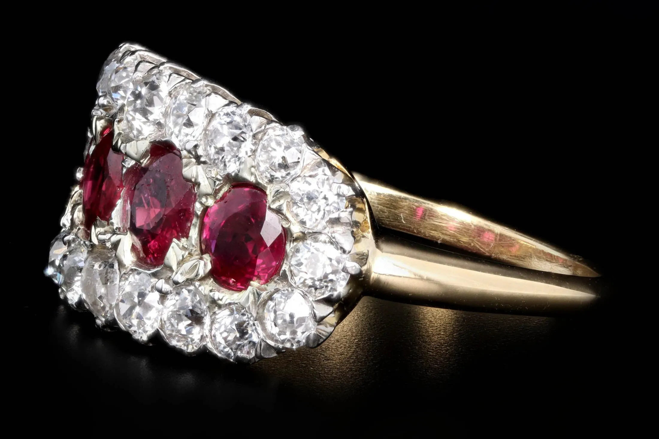 Victorian 18K Yellow Gold Four Round Natural Ruby & Old European Cut Diamond Ring