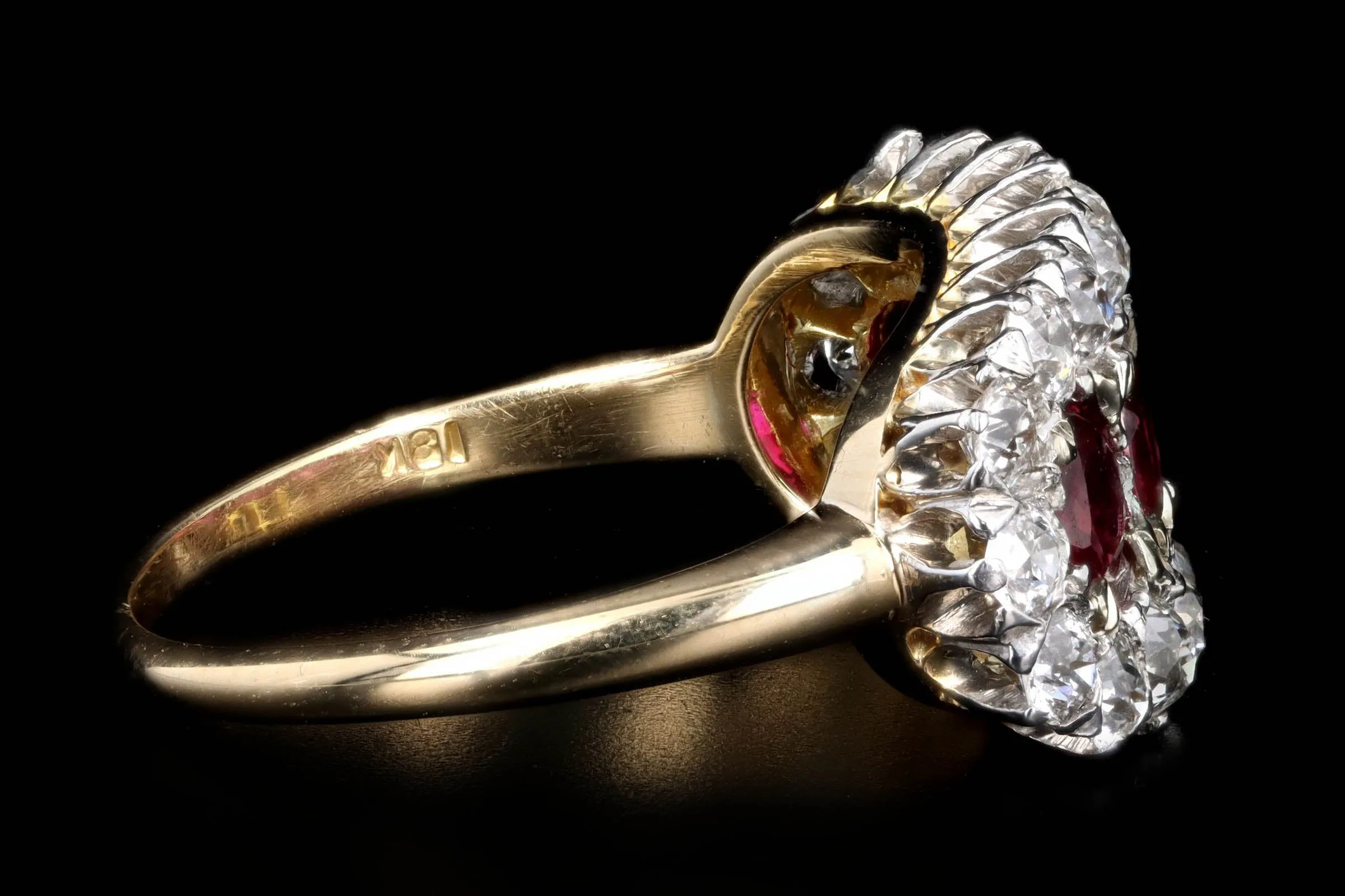 Victorian 18K Yellow Gold Four Round Natural Ruby & Old European Cut Diamond Ring