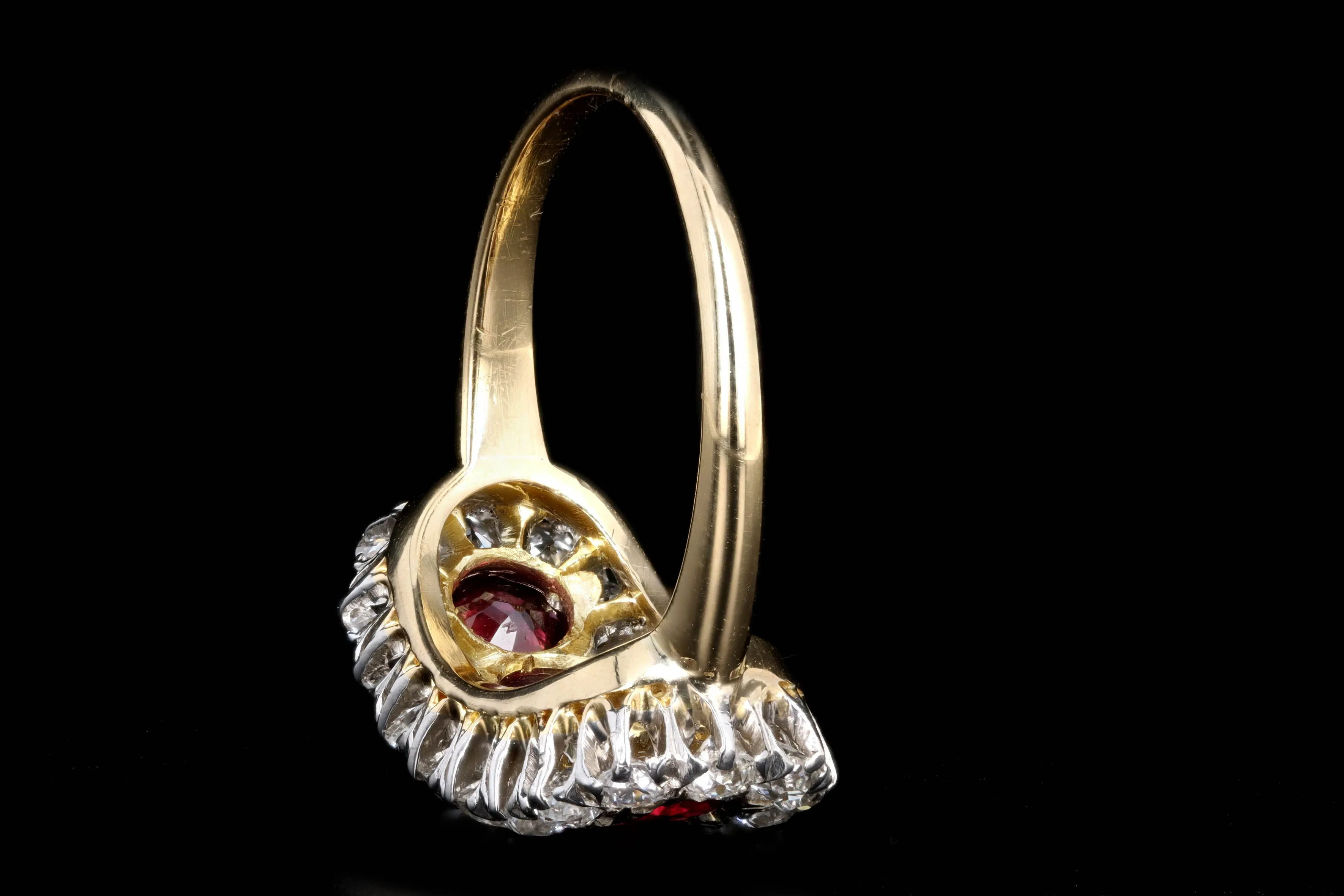 Victorian 18K Yellow Gold Four Round Natural Ruby & Old European Cut Diamond Ring