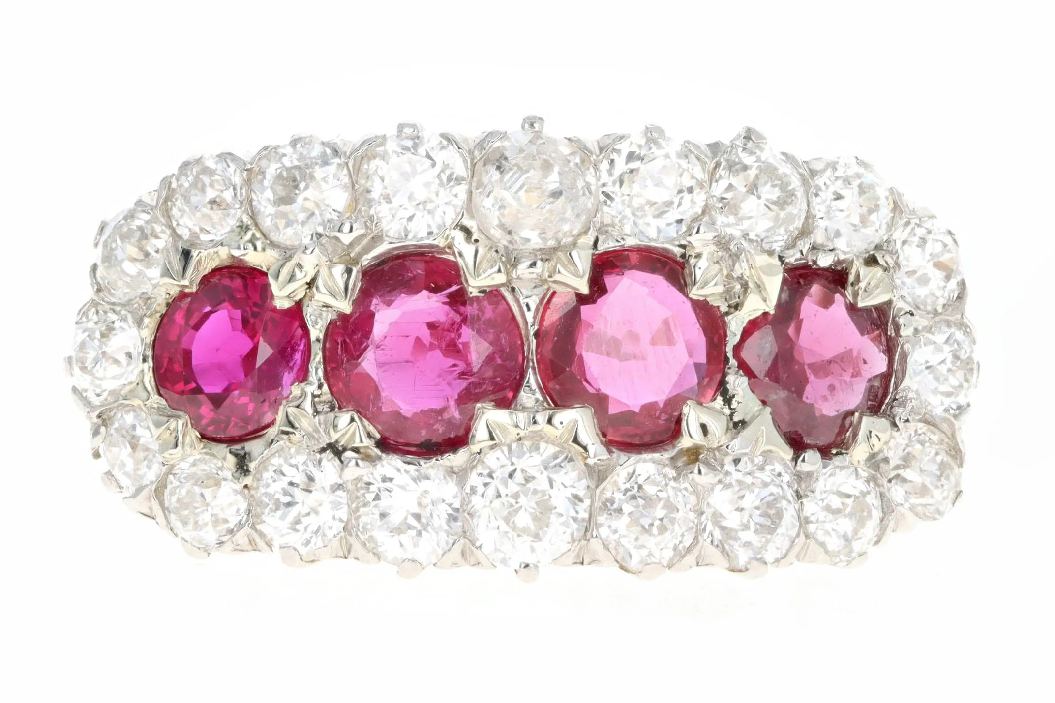 Victorian 18K Yellow Gold Four Round Natural Ruby & Old European Cut Diamond Ring