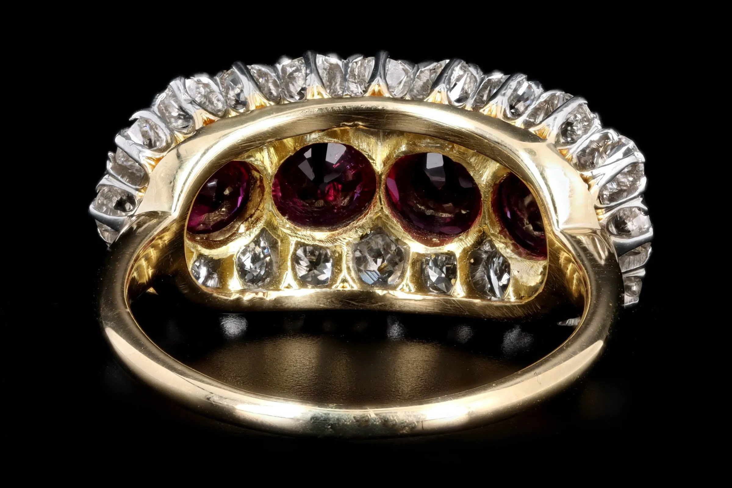 Victorian 18K Yellow Gold Four Round Natural Ruby & Old European Cut Diamond Ring