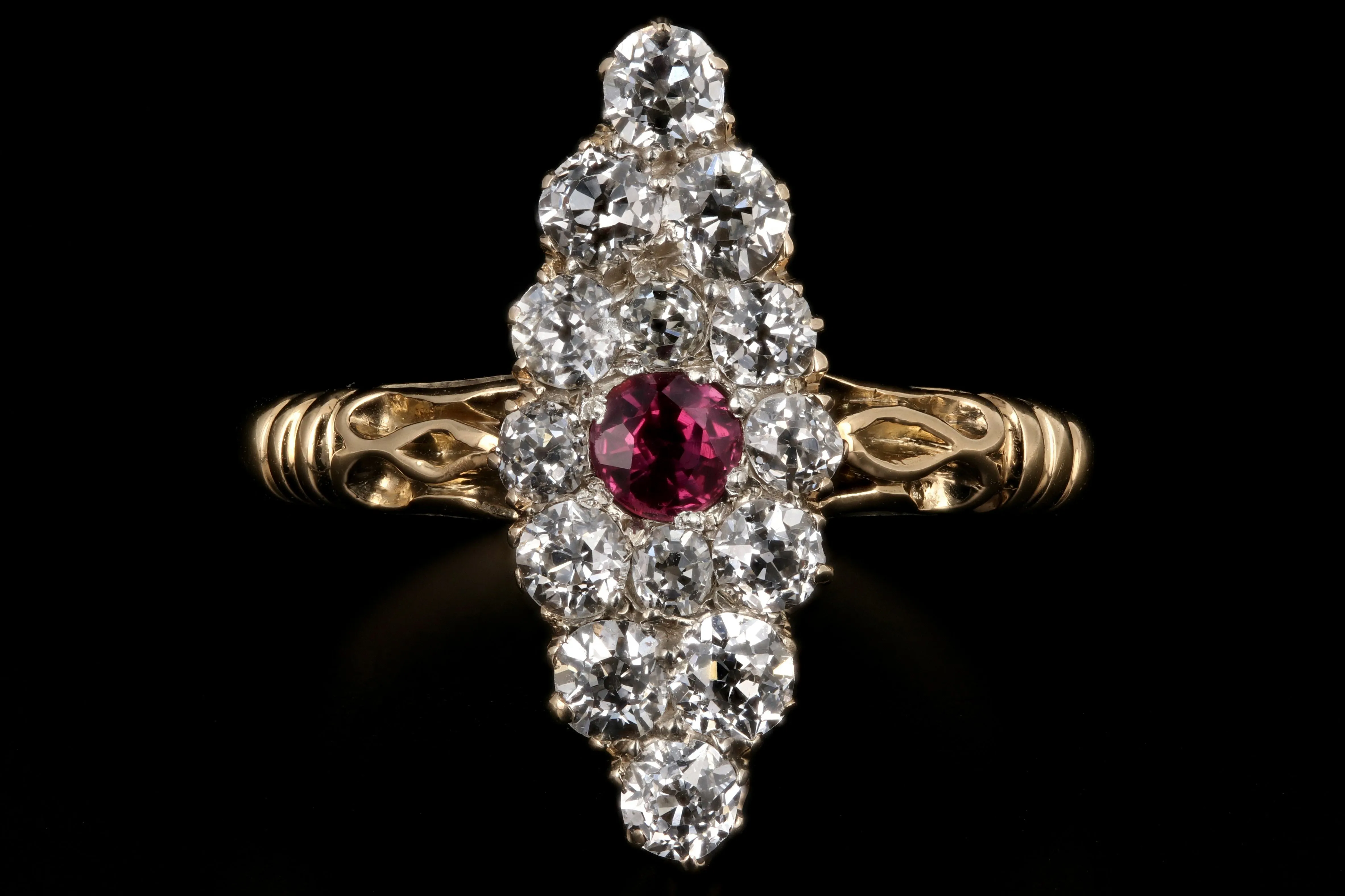 Victorian 18K Yellow Gold Ruby And Diamond Navette Ring