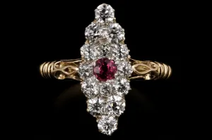 Victorian 18K Yellow Gold Ruby And Diamond Navette Ring