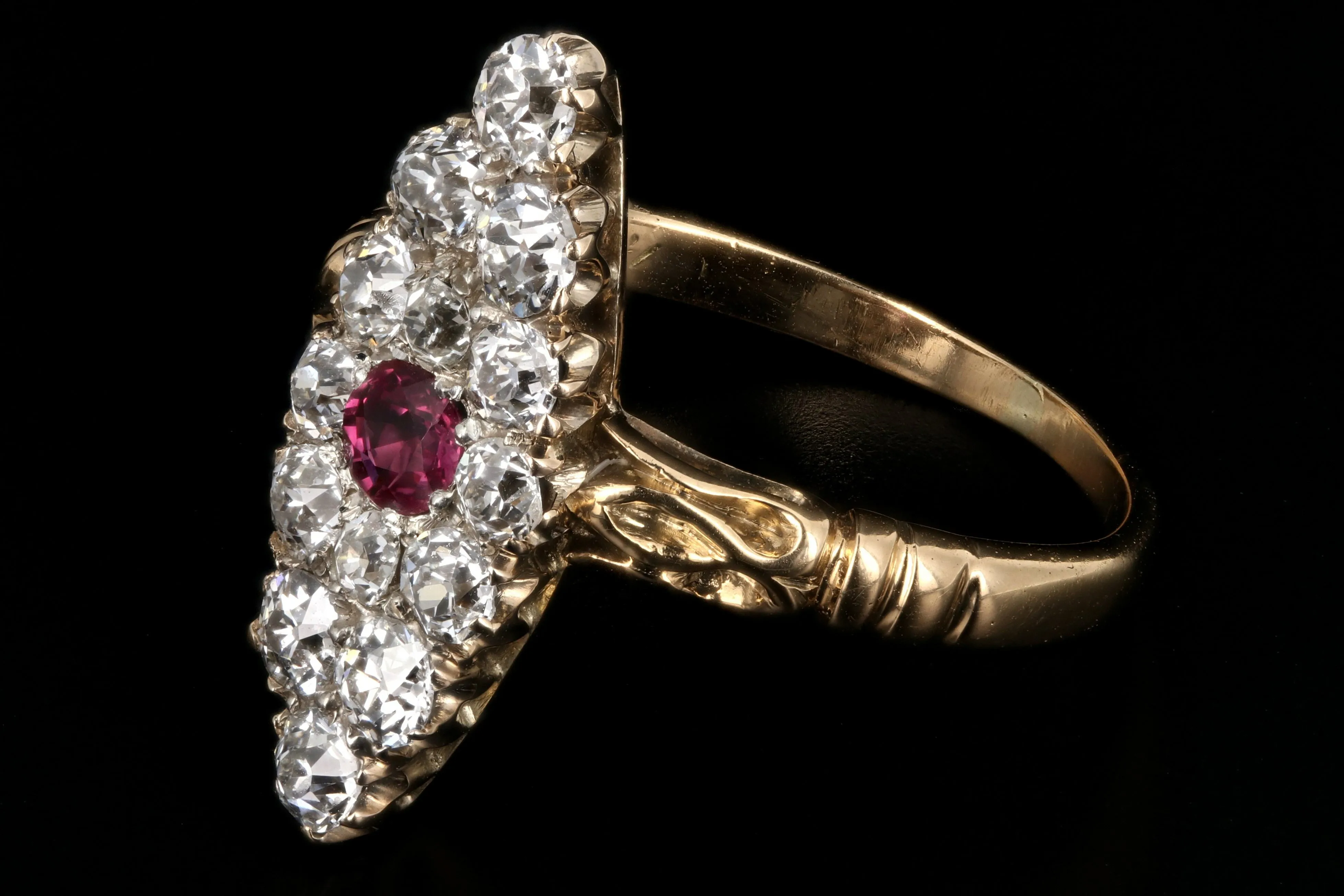 Victorian 18K Yellow Gold Ruby And Diamond Navette Ring