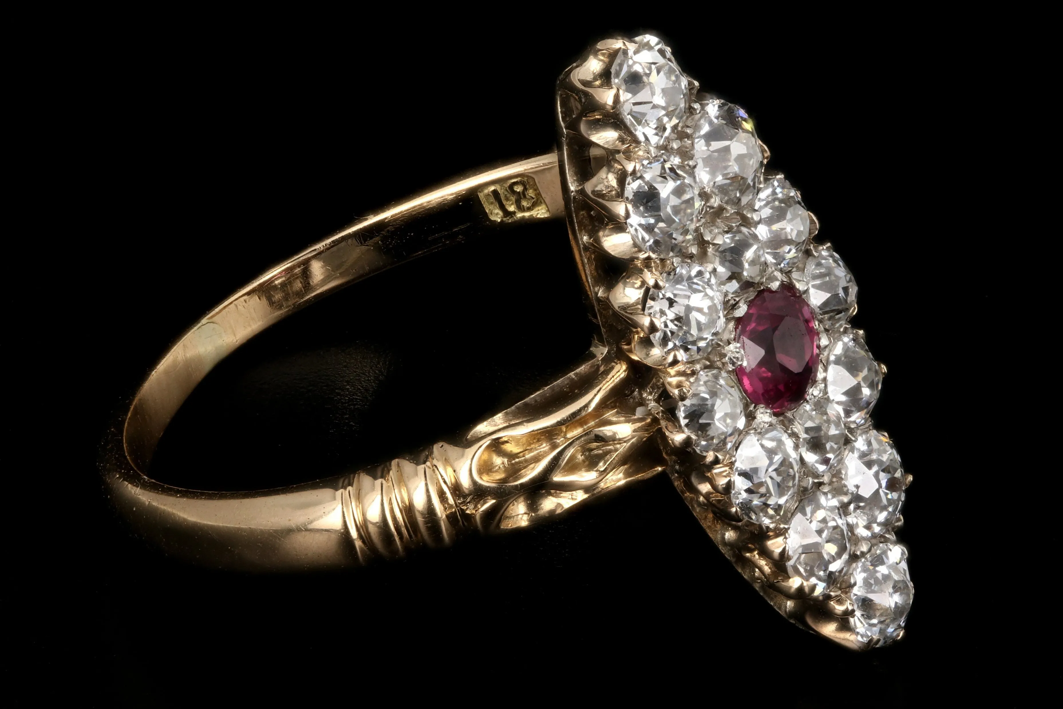 Victorian 18K Yellow Gold Ruby And Diamond Navette Ring