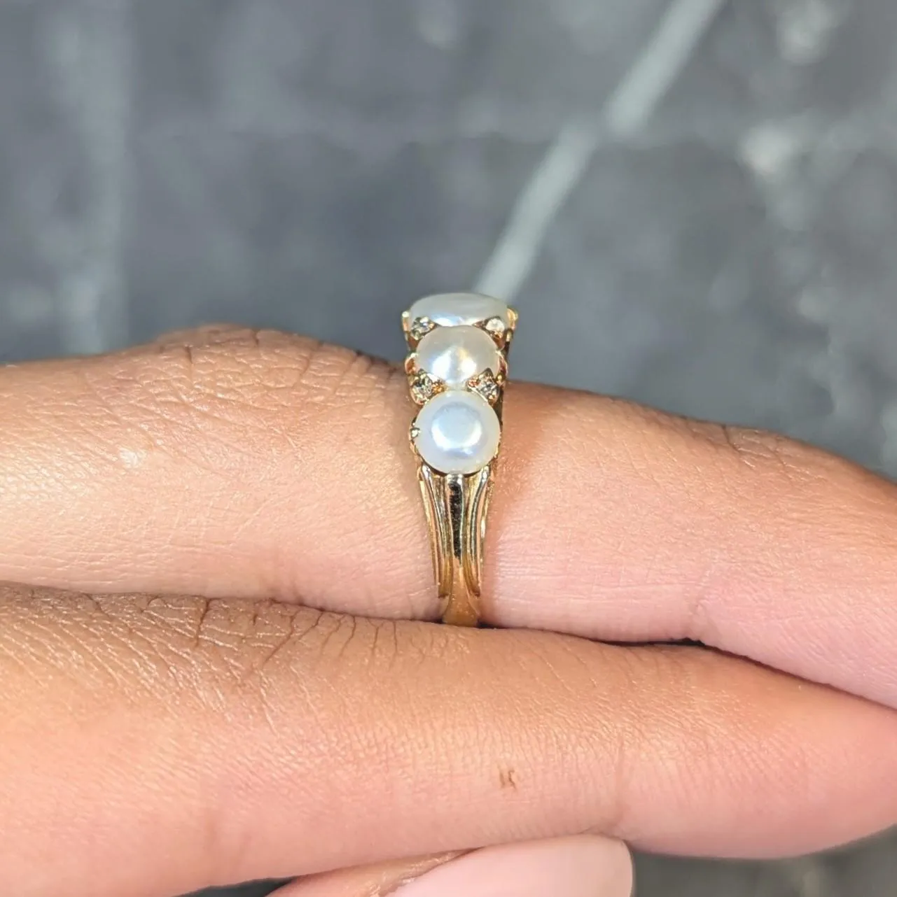 Victorian Button Pearl Diamond 18 Karat Yellow Gold Antique Five Stone Band Ring