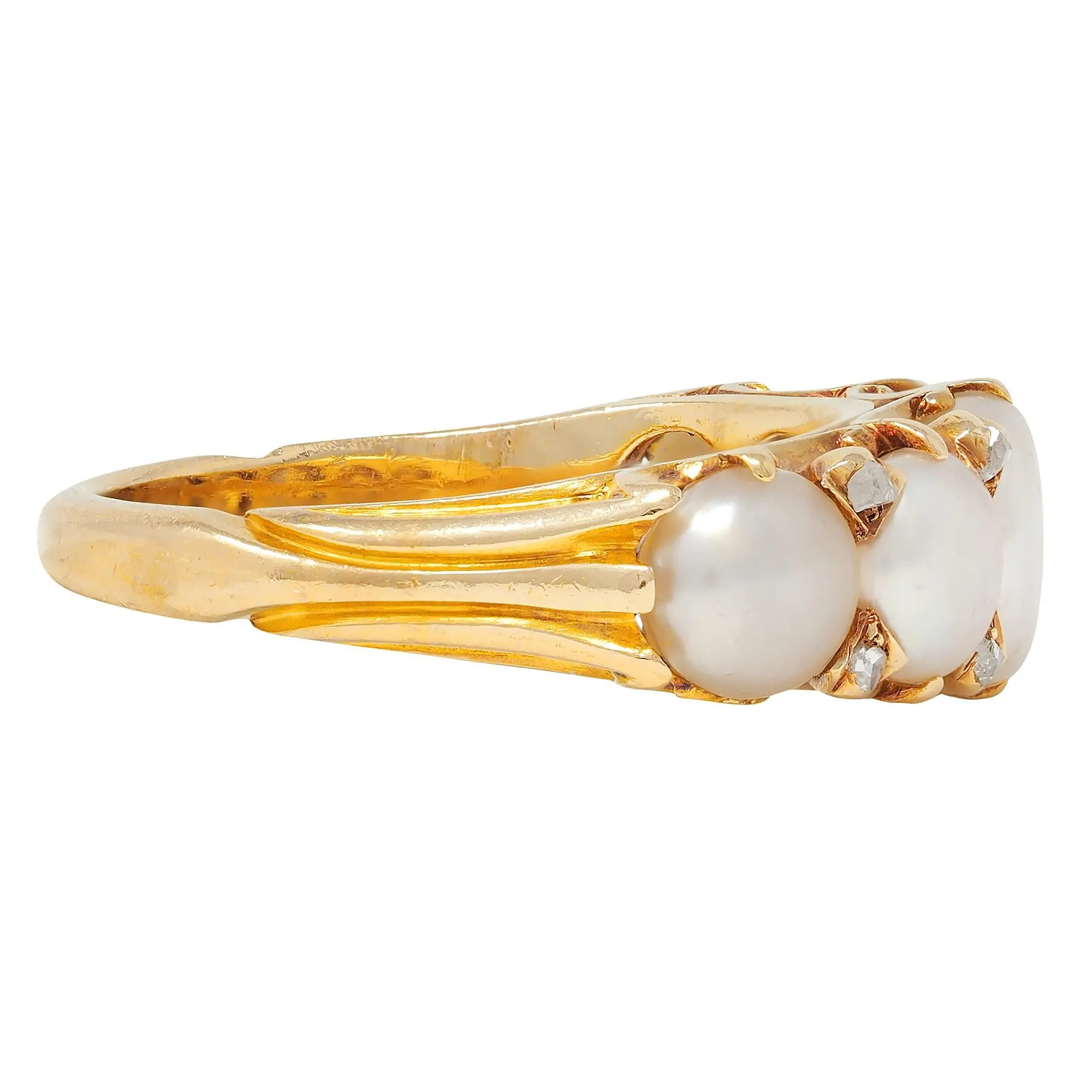 Victorian Button Pearl Diamond 18 Karat Yellow Gold Antique Five Stone Band Ring