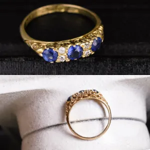 Victorian Sapphire & Diamond Scrolled Three-Stone Ring