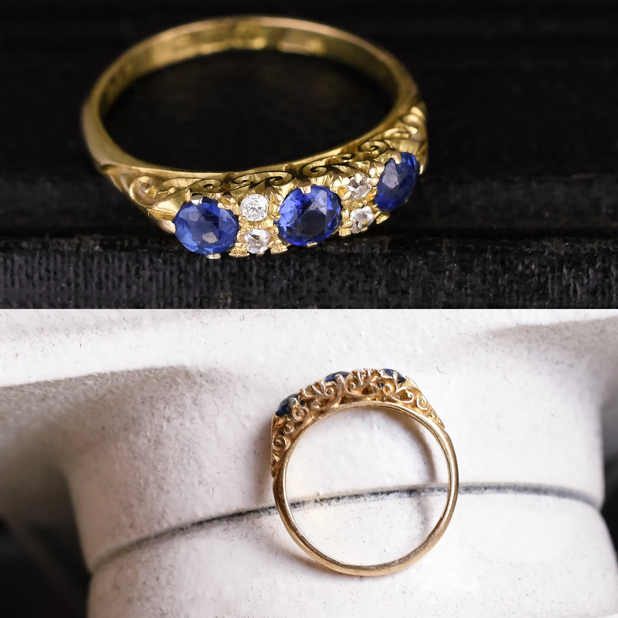 Victorian Sapphire & Diamond Scrolled Three-Stone Ring