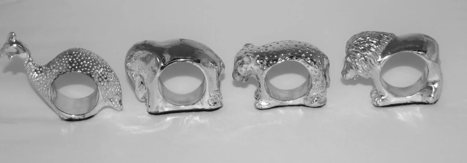 Vintage African Napkin Rings AfriSilver Sterling Hallmarked Lion Elephant Leopard Guinea Fowl Presidential Gift to Clintons Set of 4