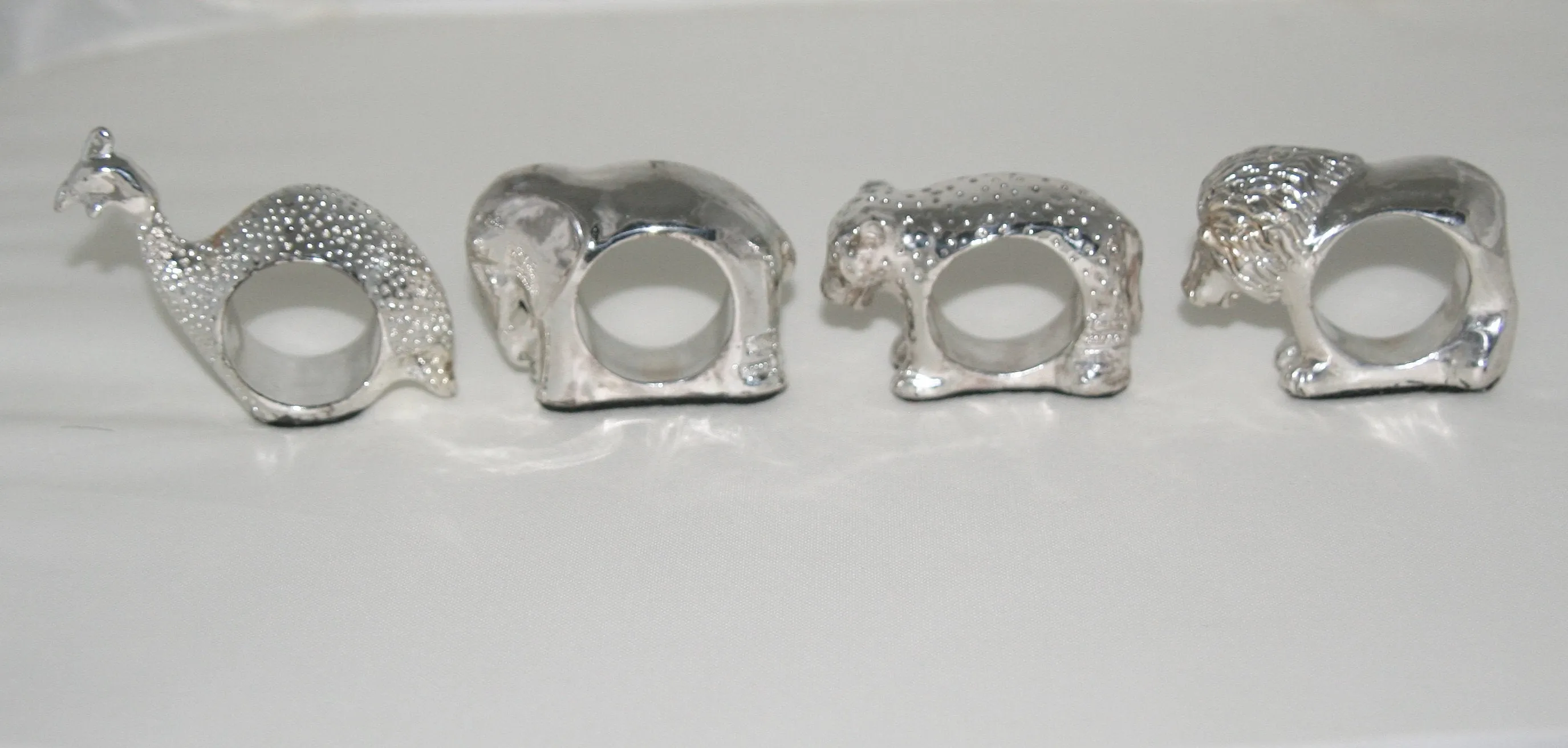 Vintage African Napkin Rings AfriSilver Sterling Hallmarked Lion Elephant Leopard Guinea Fowl Presidential Gift to Clintons Set of 4