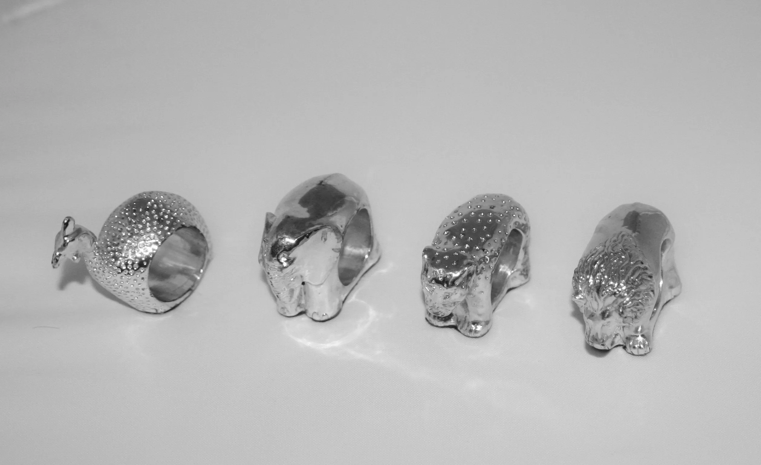 Vintage African Napkin Rings AfriSilver Sterling Hallmarked Lion Elephant Leopard Guinea Fowl Presidential Gift to Clintons Set of 4