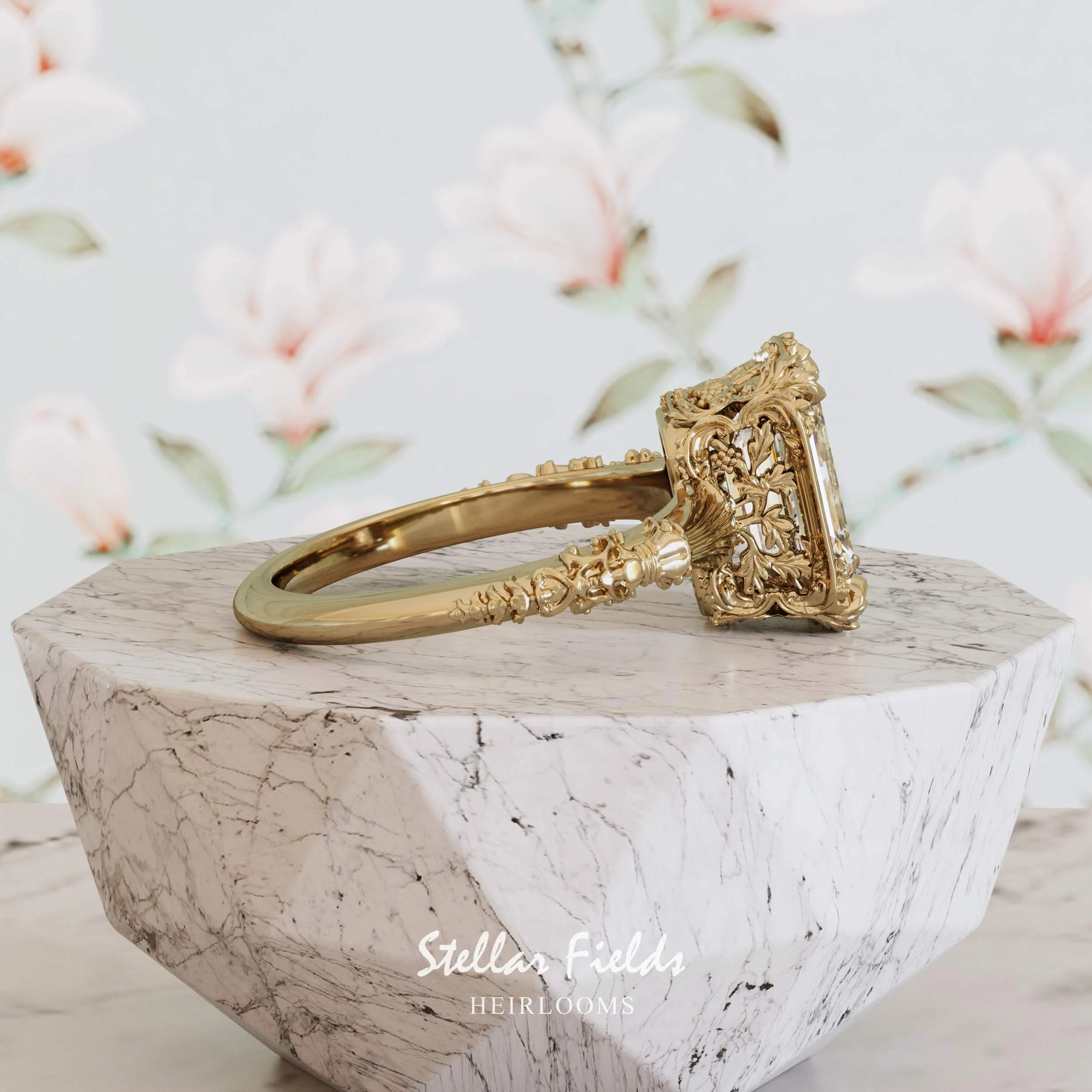 Vintage Inspired Heirloom Engagement Ring Emerald Cut Diamond - Elenore
