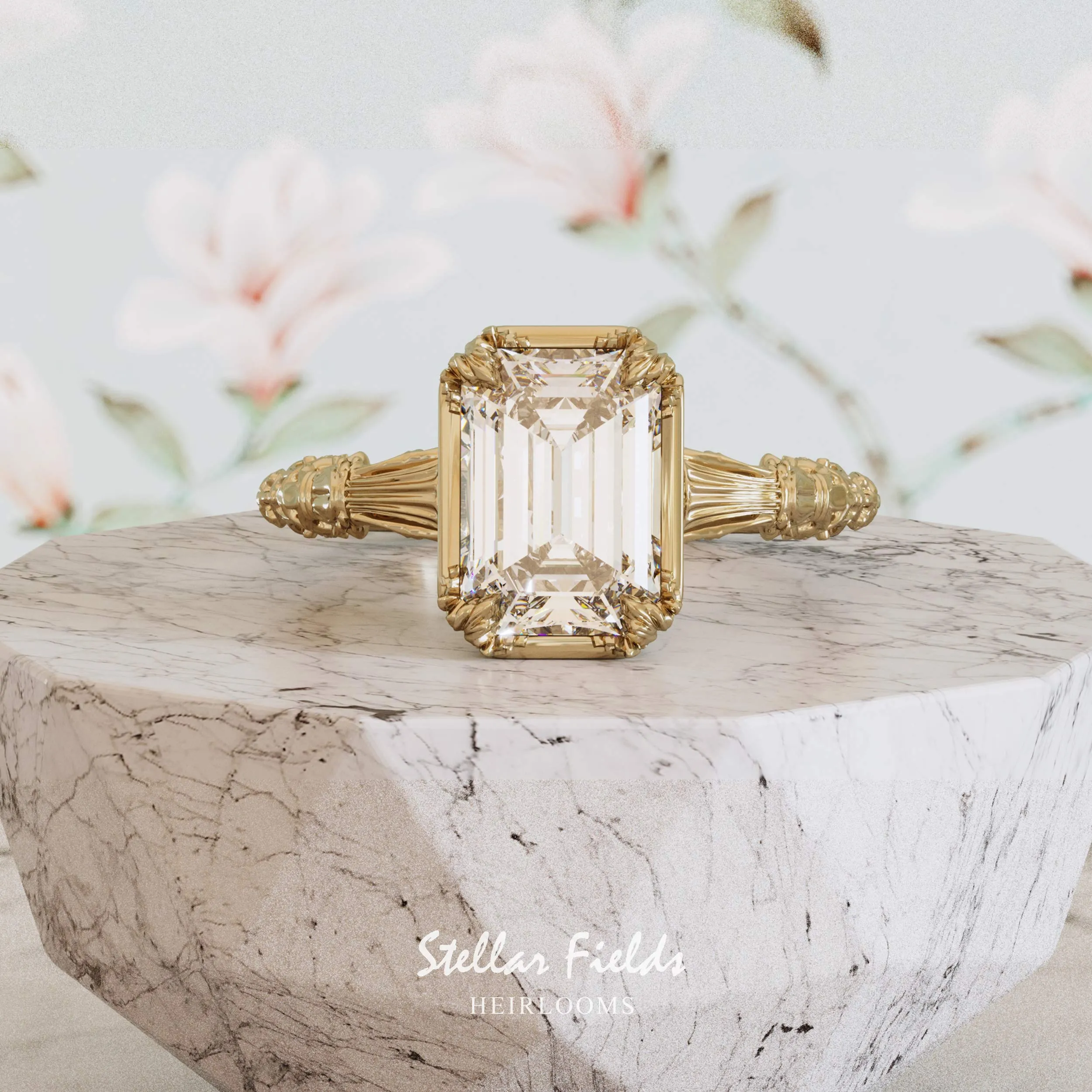 Vintage Inspired Heirloom Engagement Ring Emerald Cut Diamond - Elenore