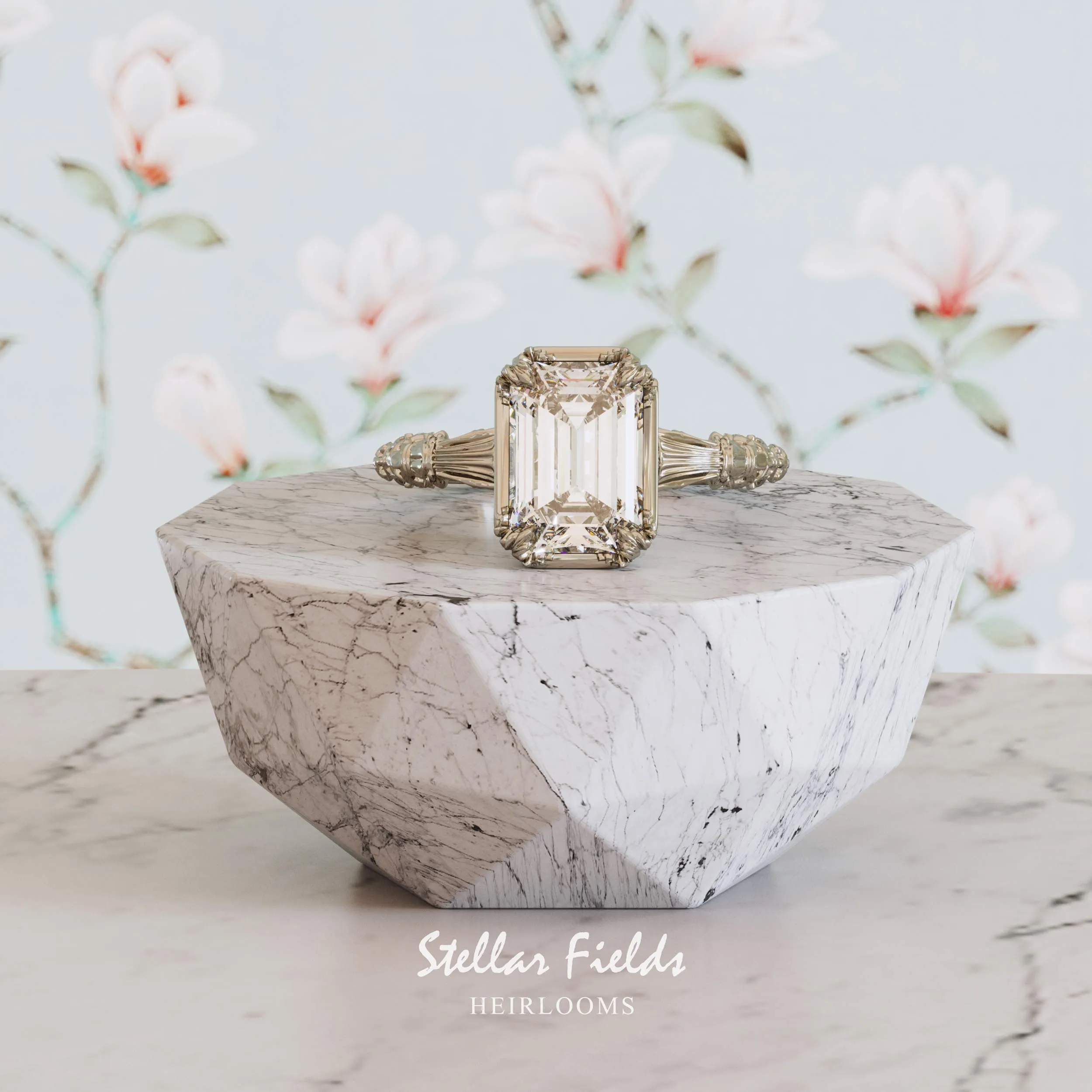 Vintage Inspired Heirloom Engagement Ring Emerald Cut Diamond - Elenore