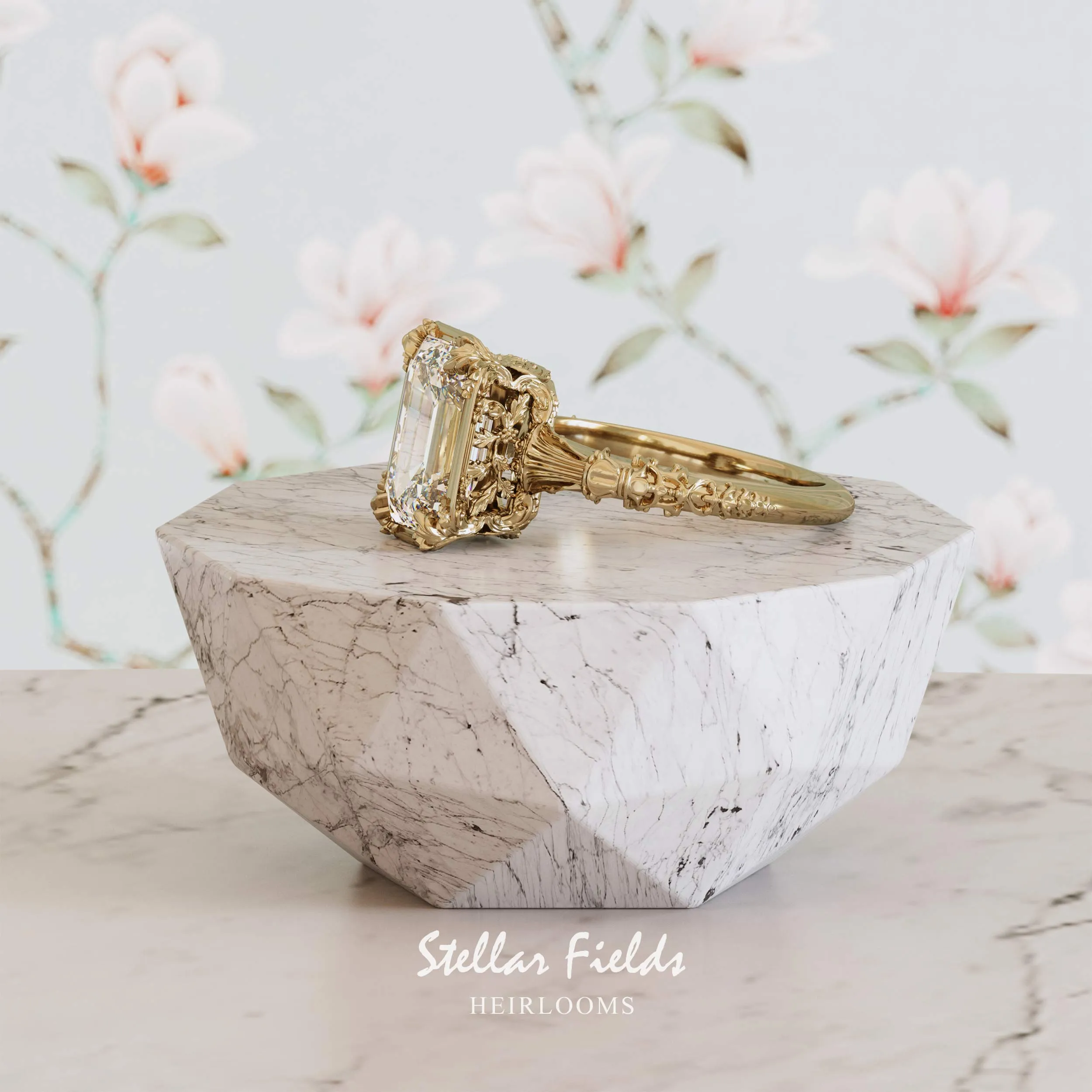 Vintage Inspired Heirloom Engagement Ring Emerald Cut Diamond - Elenore