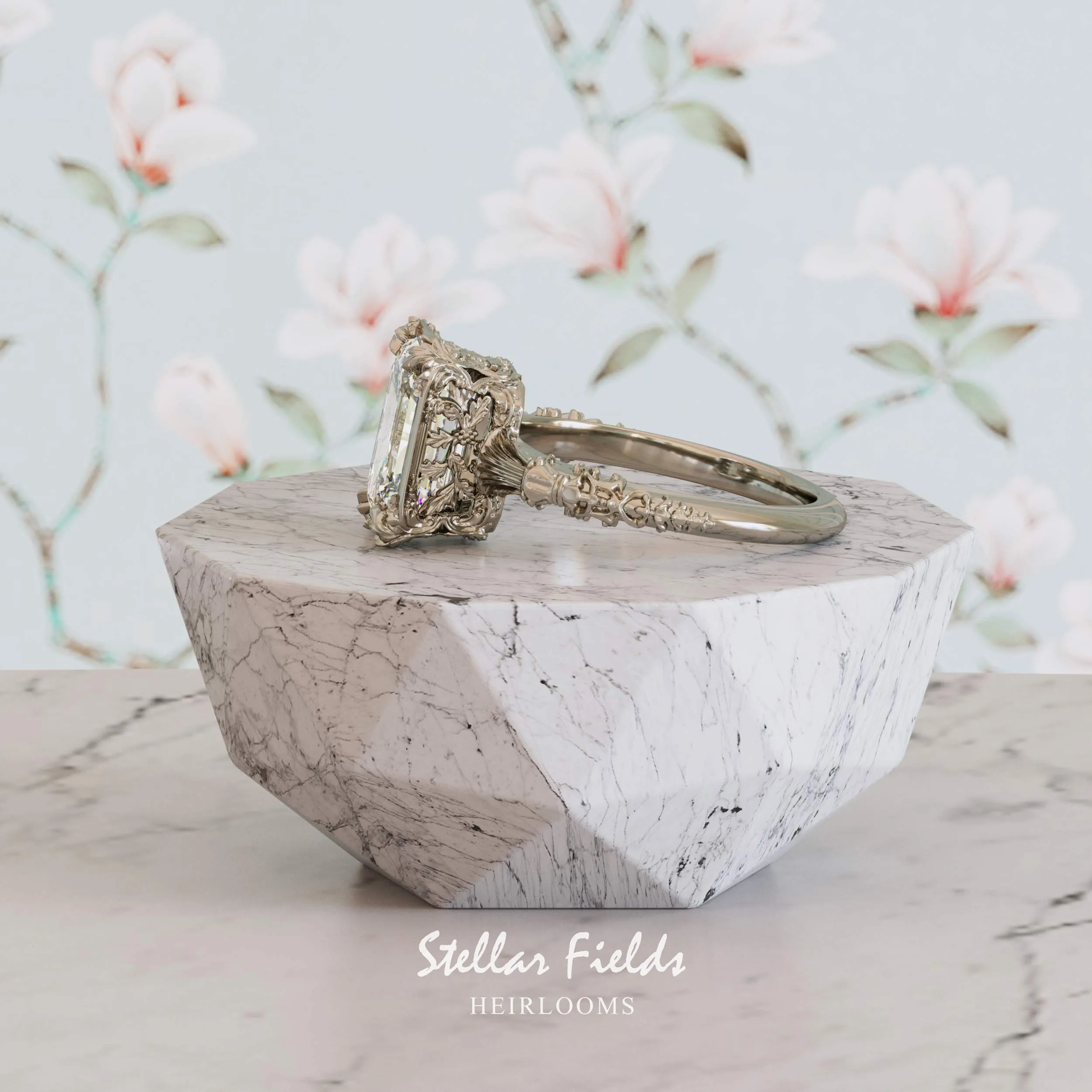 Vintage Inspired Heirloom Engagement Ring Emerald Cut Diamond - Elenore