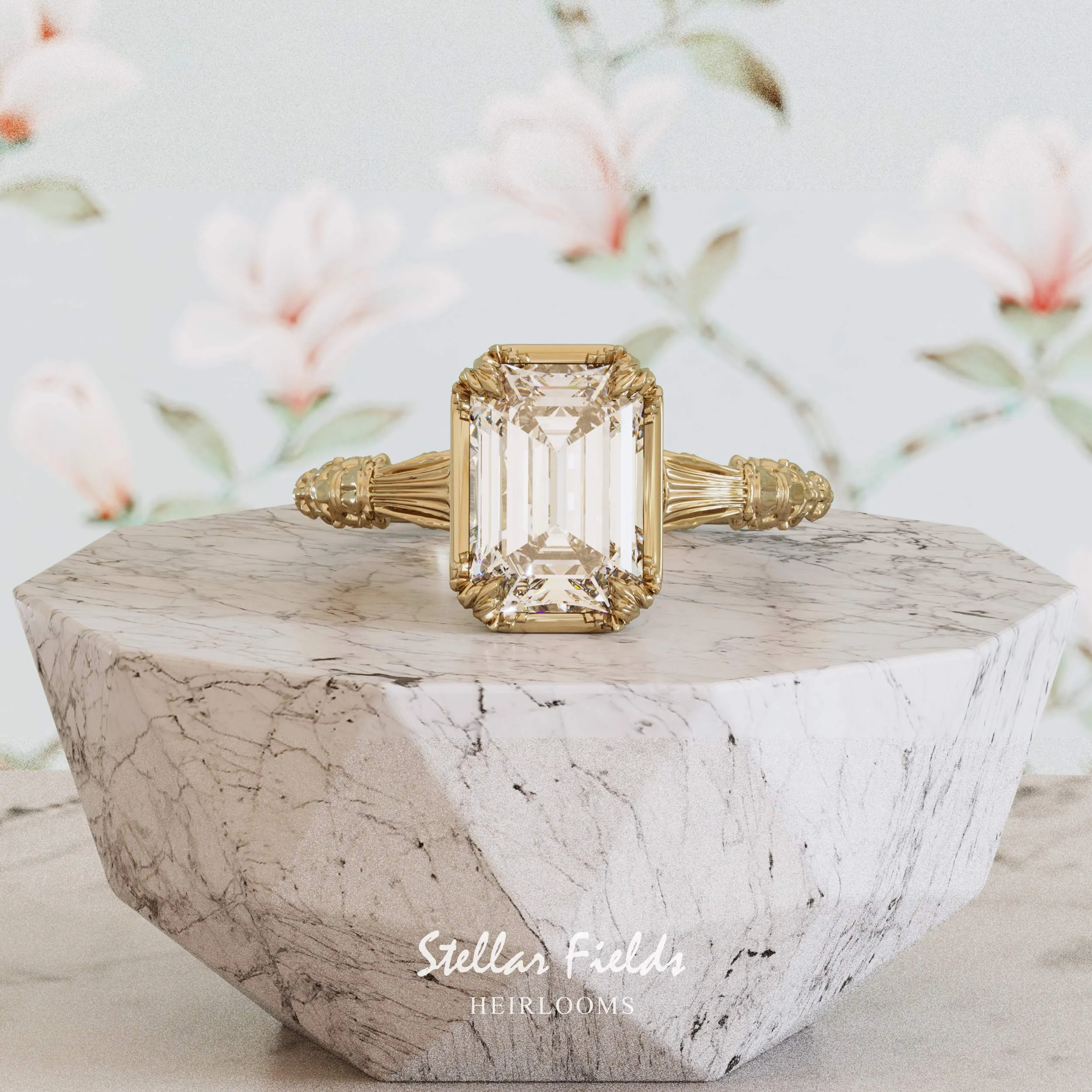 Vintage Inspired Heirloom Engagement Ring Emerald Cut Diamond - Elenore