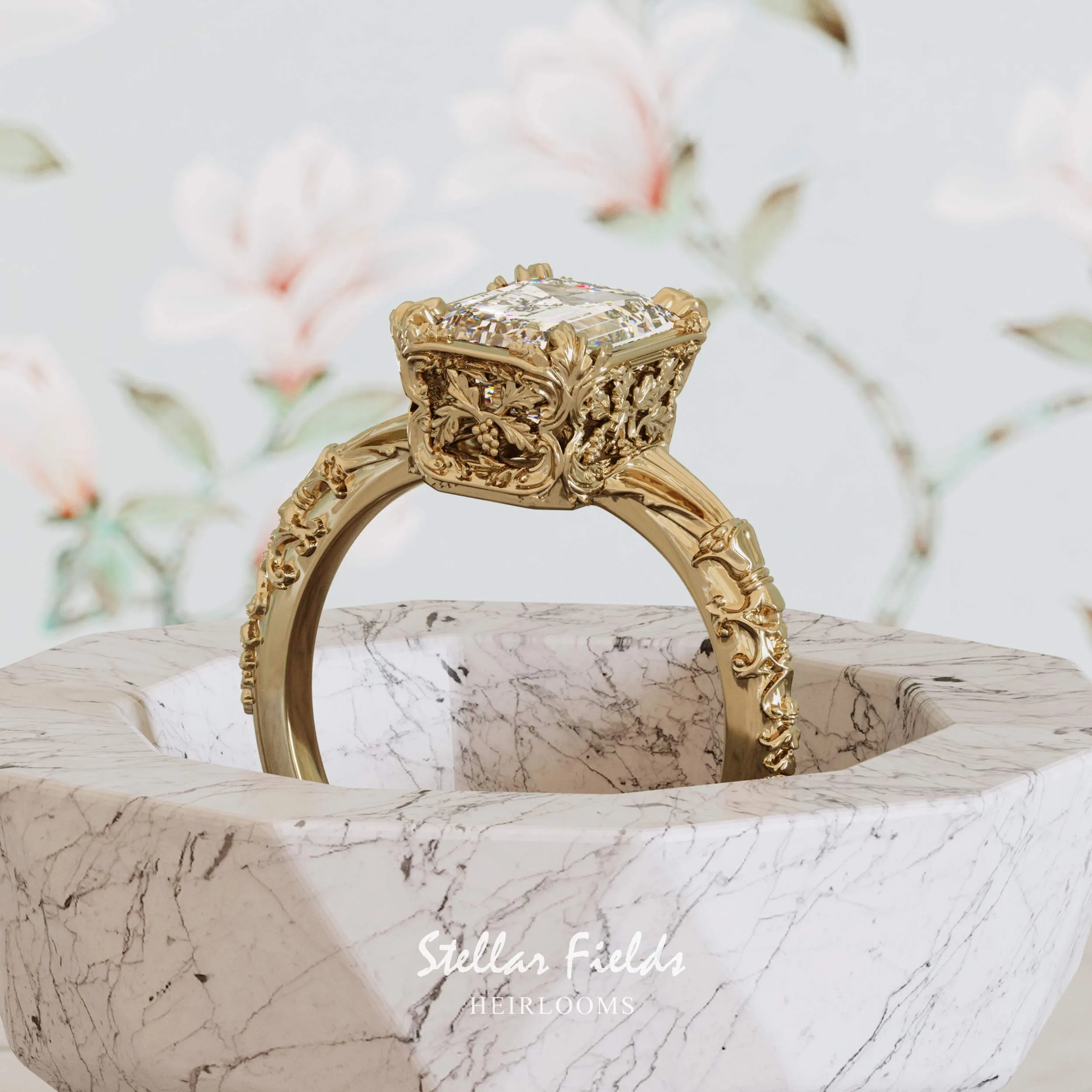 Vintage Inspired Heirloom Engagement Ring Emerald Cut Diamond - Elenore