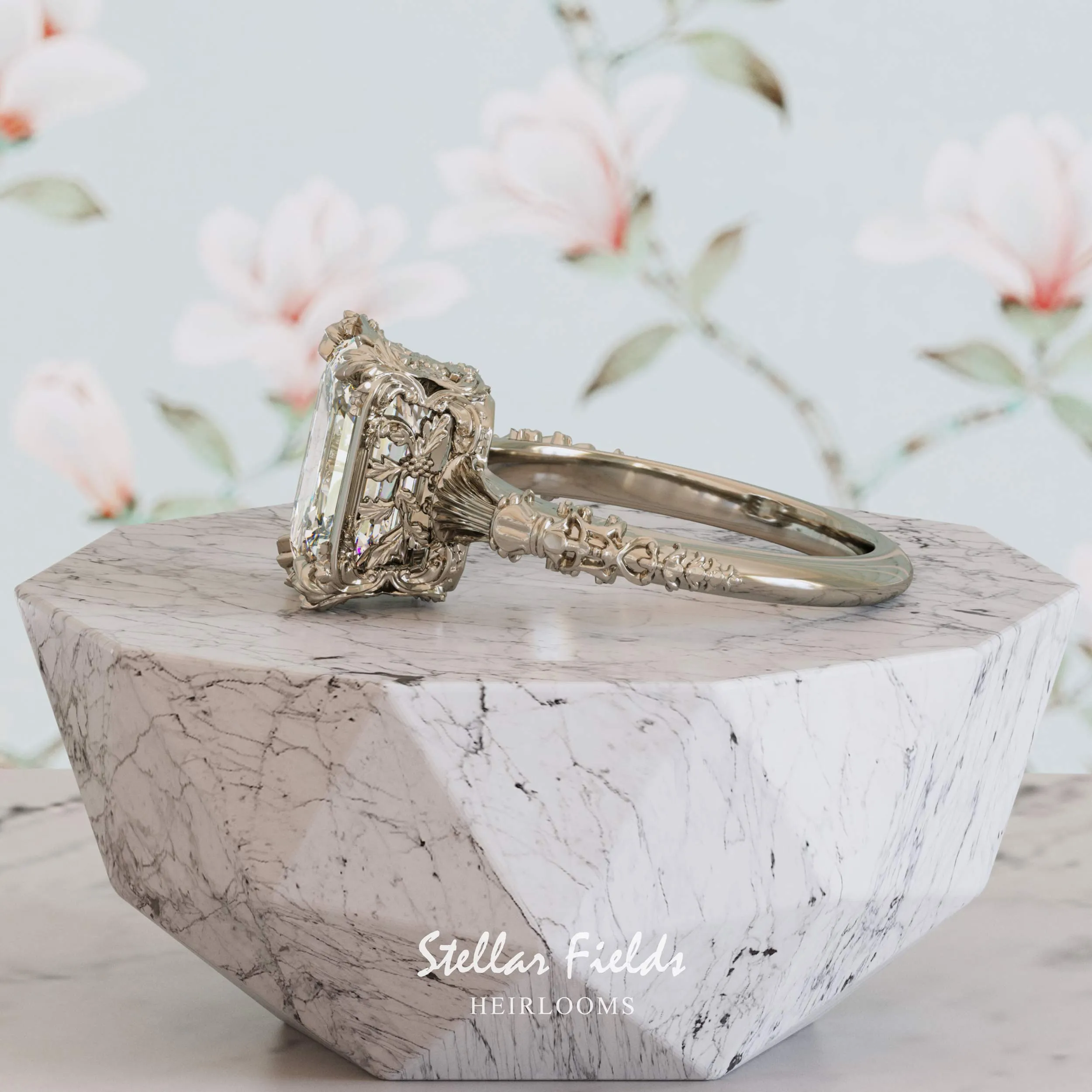 Vintage Inspired Heirloom Engagement Ring Emerald Cut Diamond - Elenore
