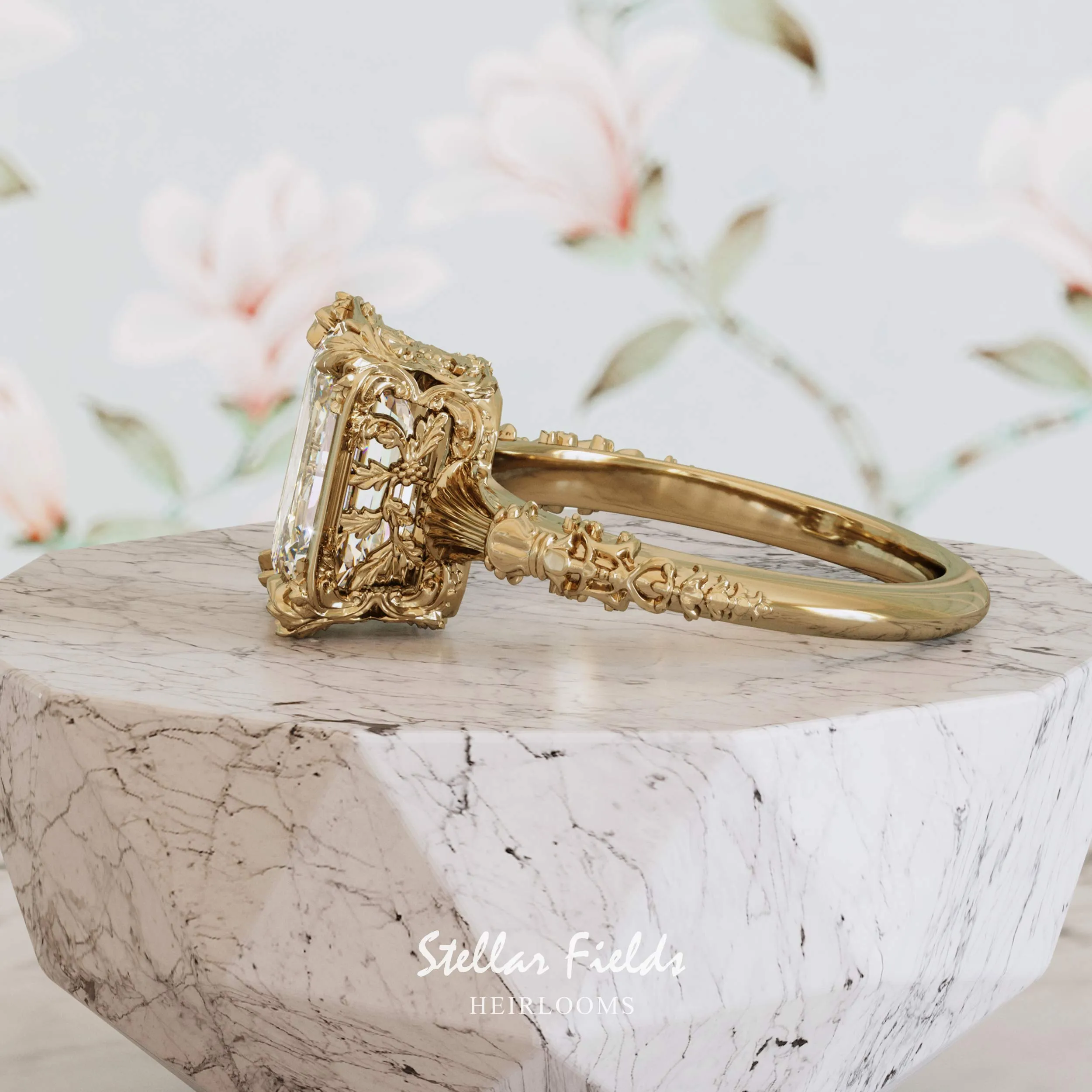 Vintage Inspired Heirloom Engagement Ring Emerald Cut Diamond - Elenore