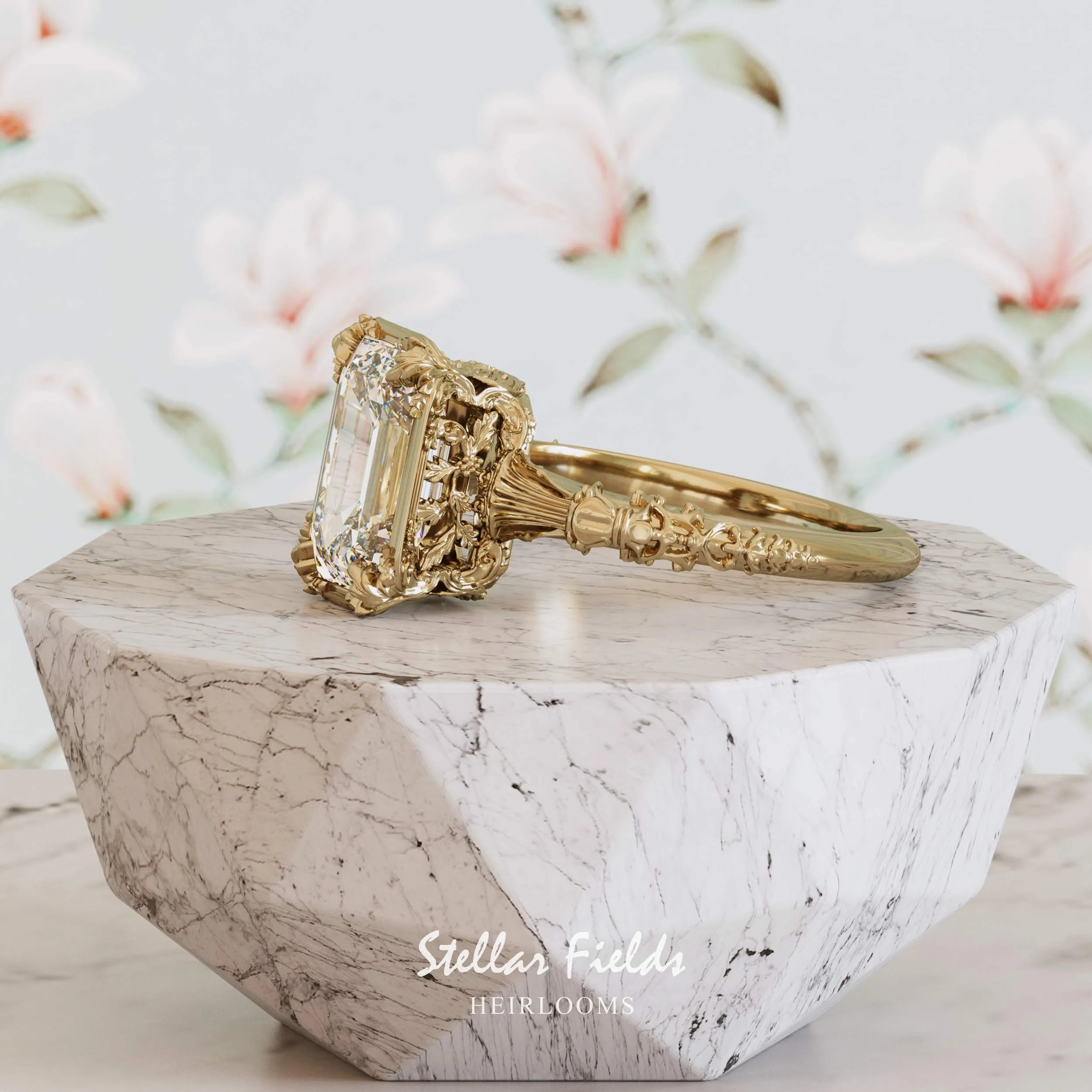 Vintage Inspired Heirloom Engagement Ring Emerald Cut Diamond - Elenore