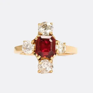 Vintage Red Spinel & Diamond Compass Point Ring