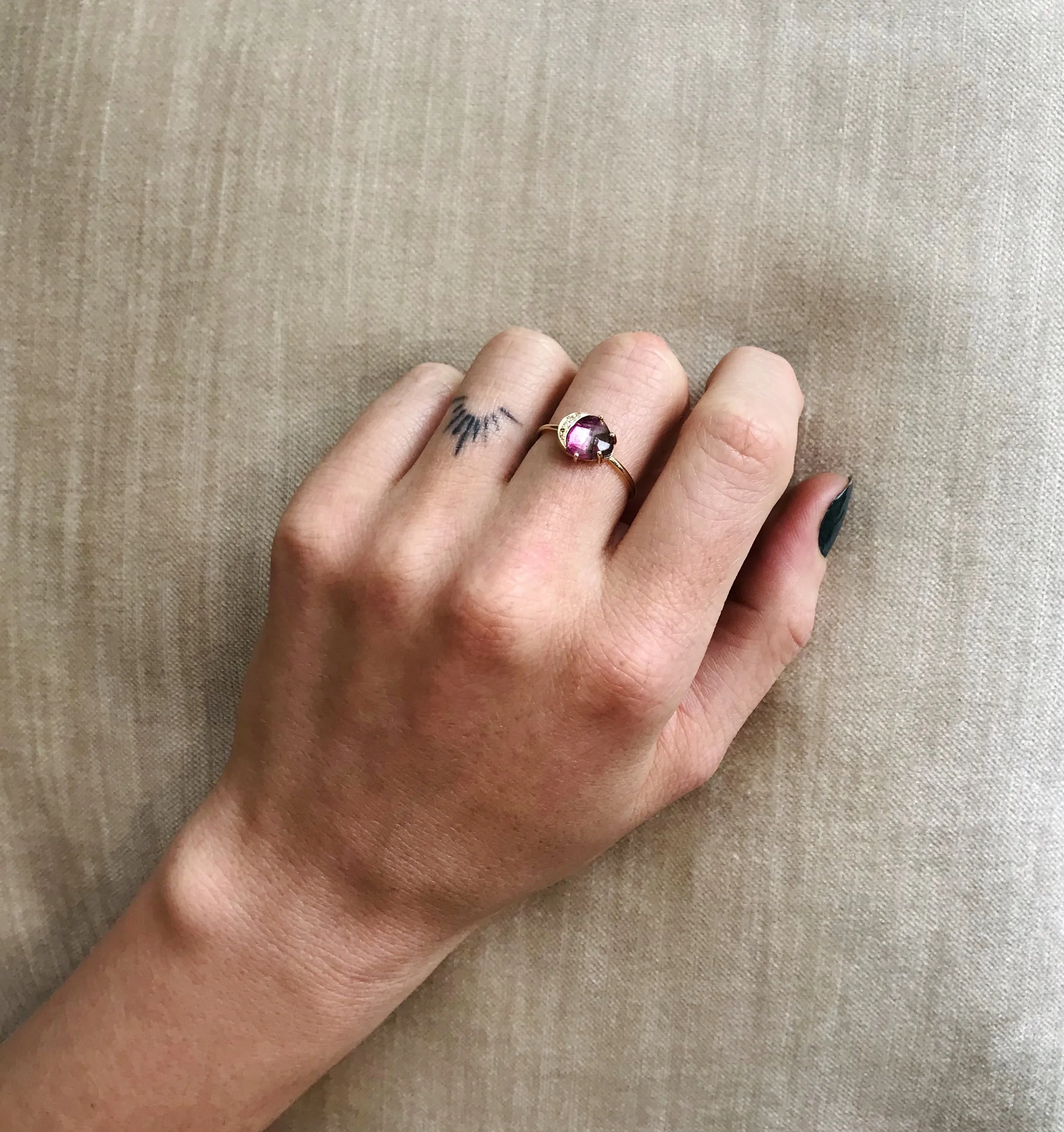 Watermelon Tourmaline and Moon Ring