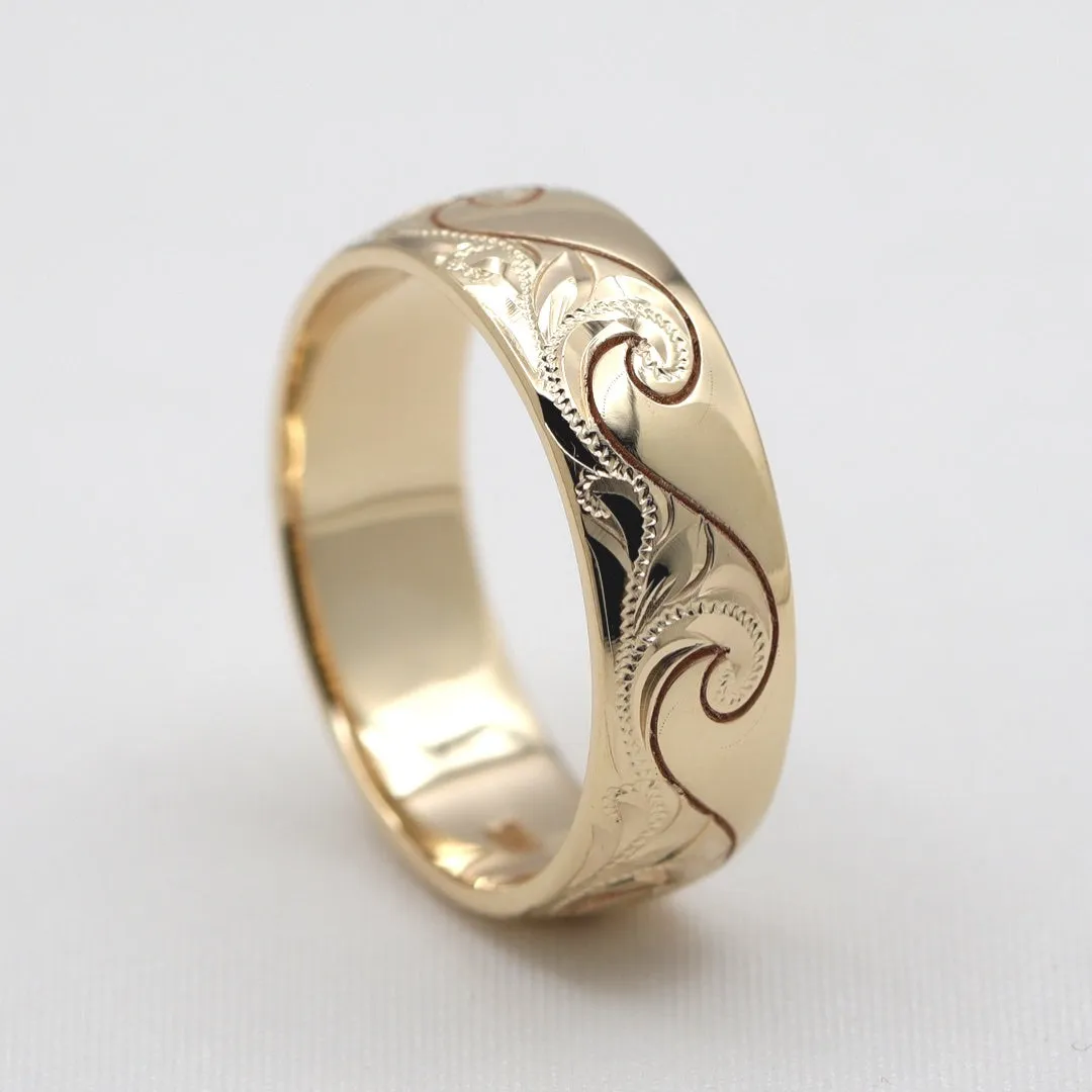 Wave Ring From Hawaii, Made of Solid 14K Gold, Hand Engraved With Ocean Wave Design (8mm Width, Dome Style)