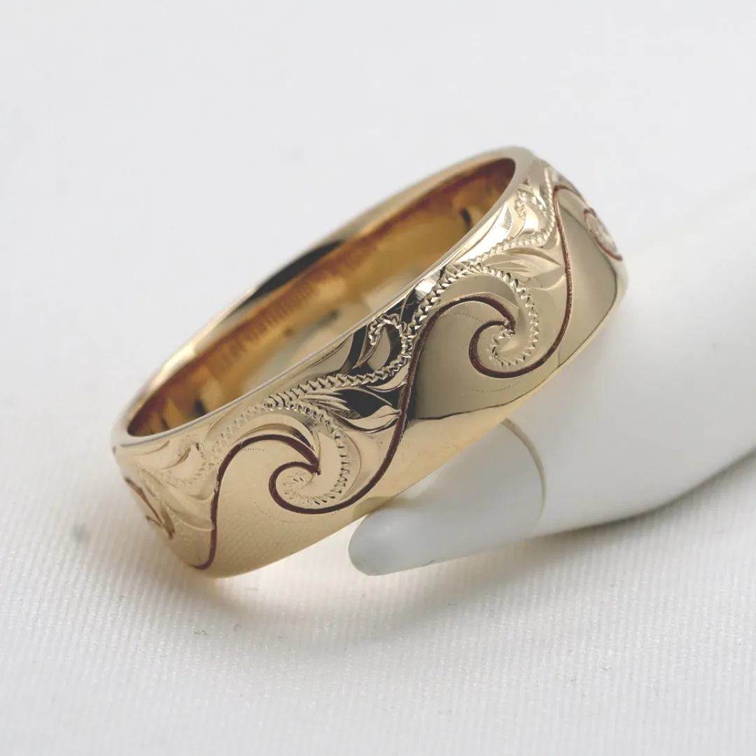 Wave Ring From Hawaii, Made of Solid 14K Gold, Hand Engraved With Ocean Wave Design (8mm Width, Dome Style)
