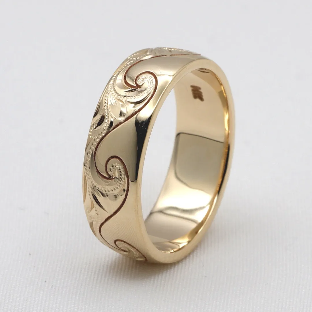 Wave Ring From Hawaii, Made of Solid 14K Gold, Hand Engraved With Ocean Wave Design (8mm Width, Dome Style)
